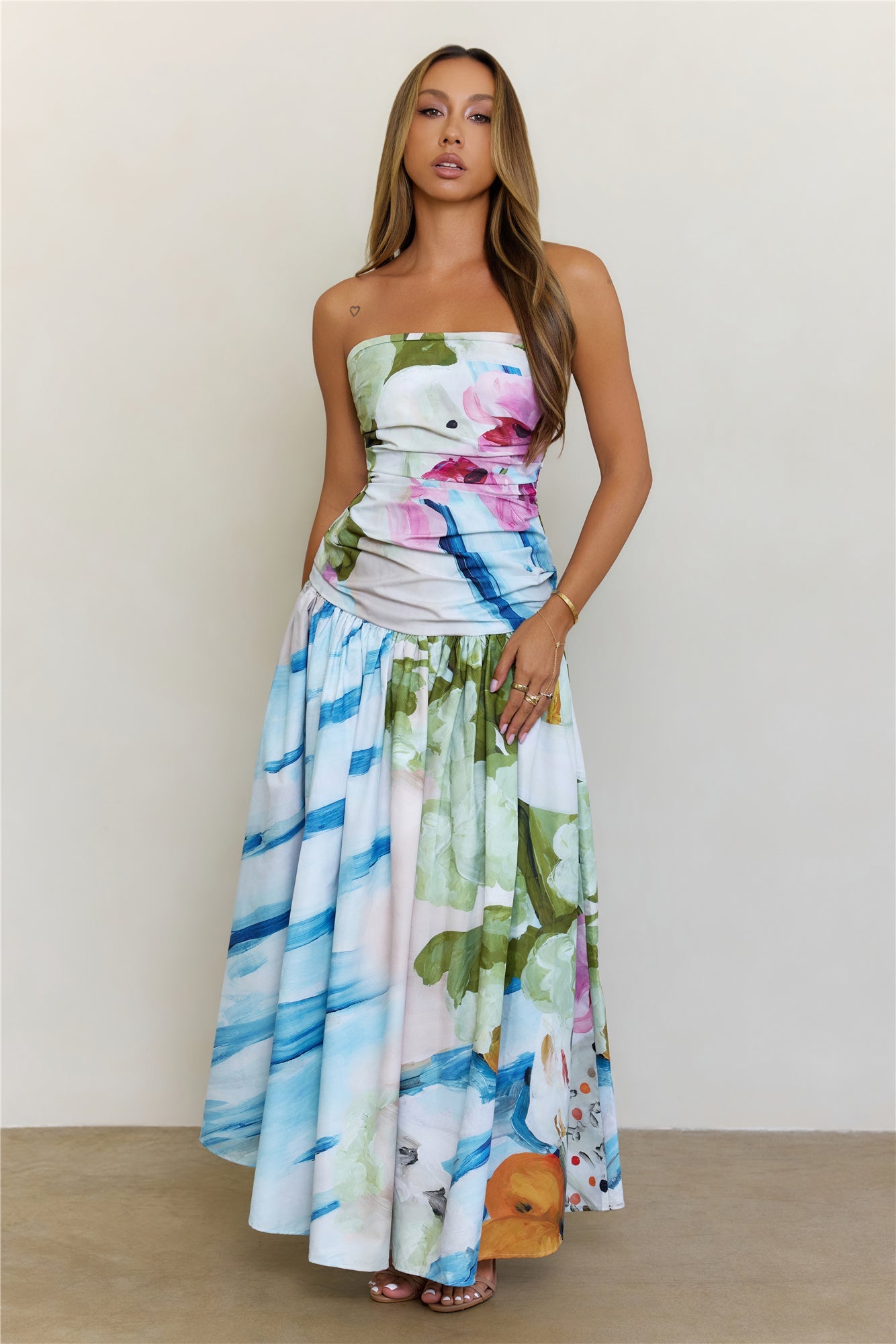 Radiant Garden Floral Strapless Drop Waist Maxi Dress Multi