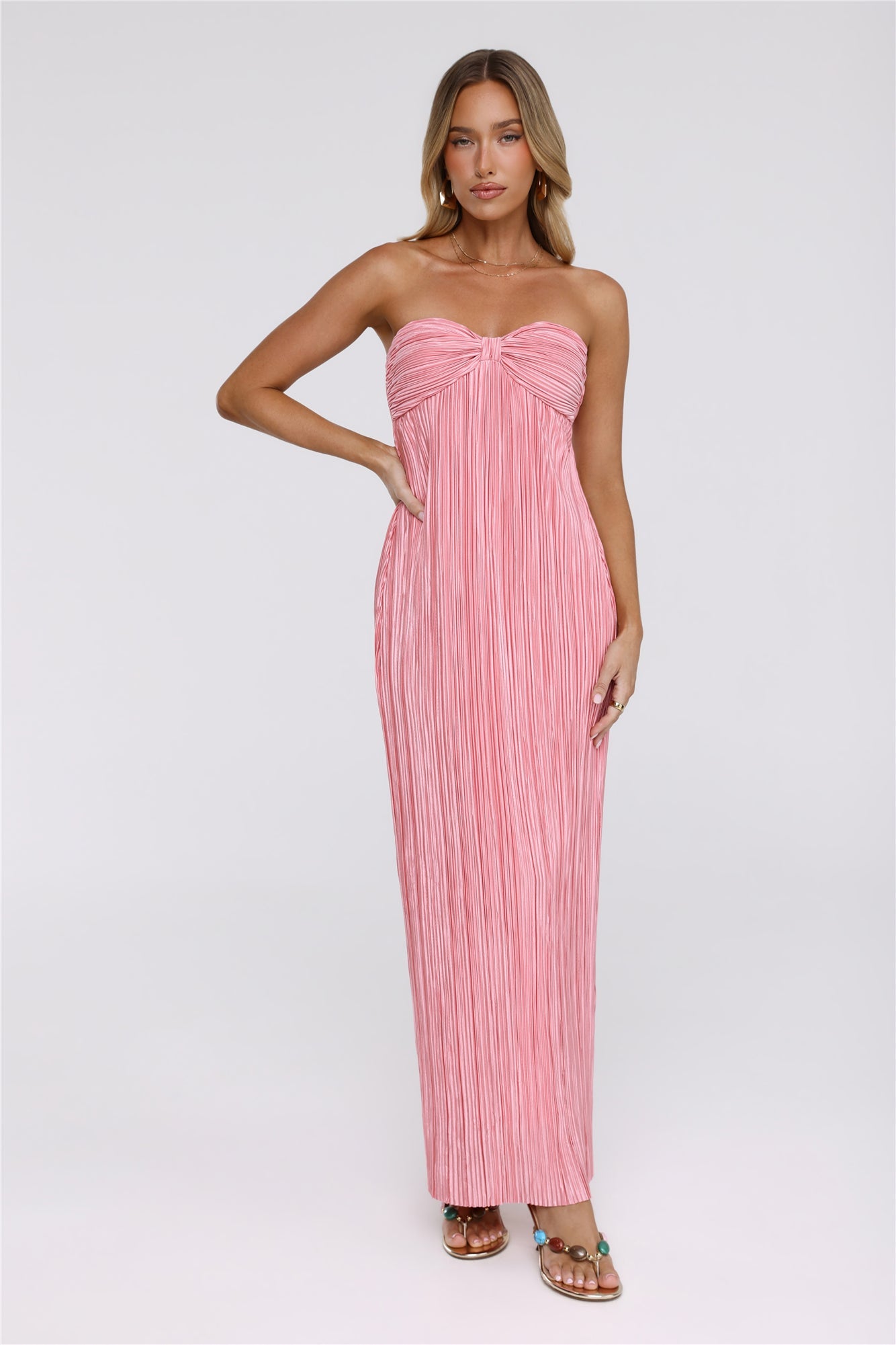 The Pretty Way Plisse Strapless Maxi Dress Pink