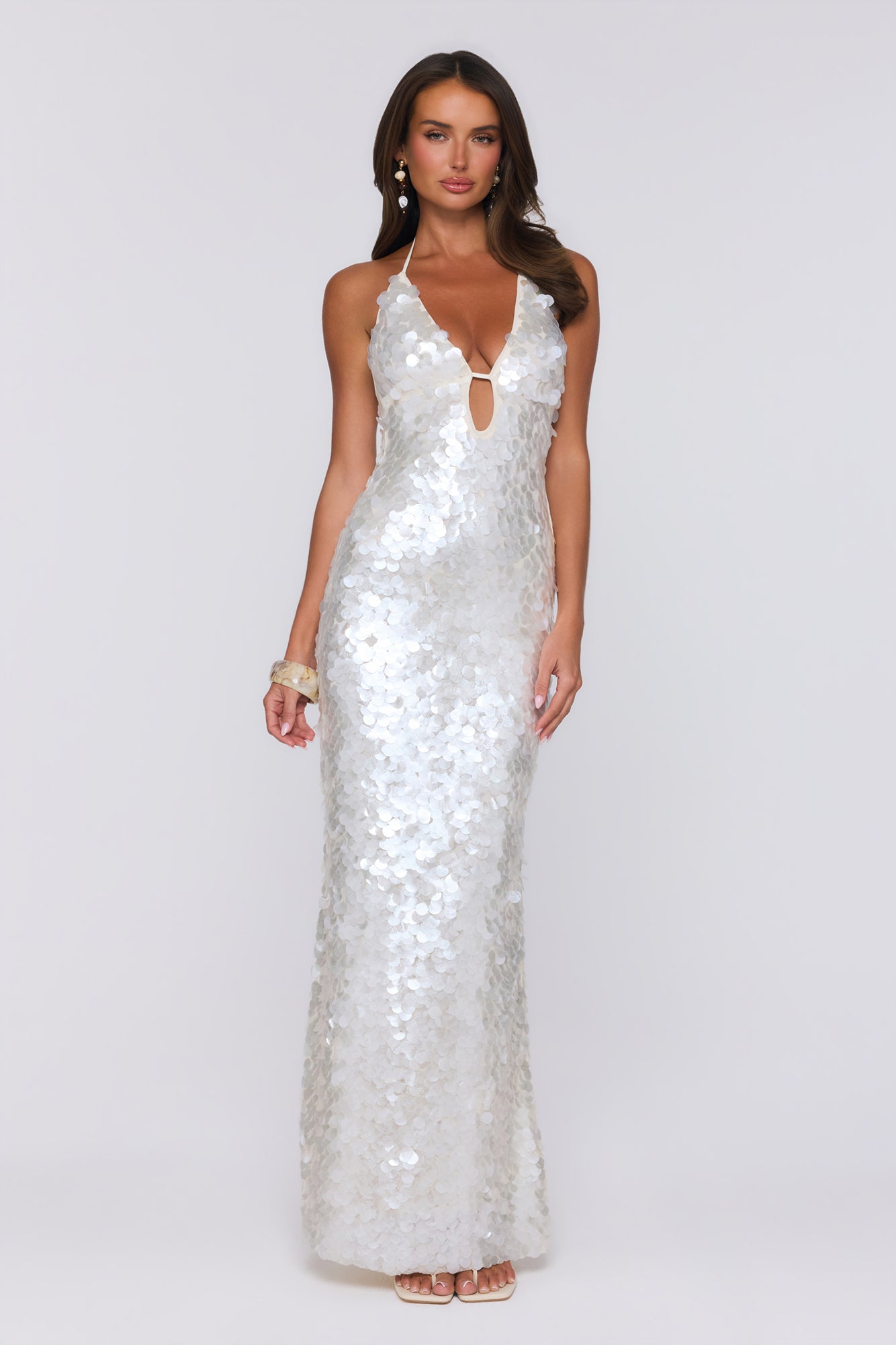 Sparkling Affair Sequin Halter Maxi Dress Ecru White