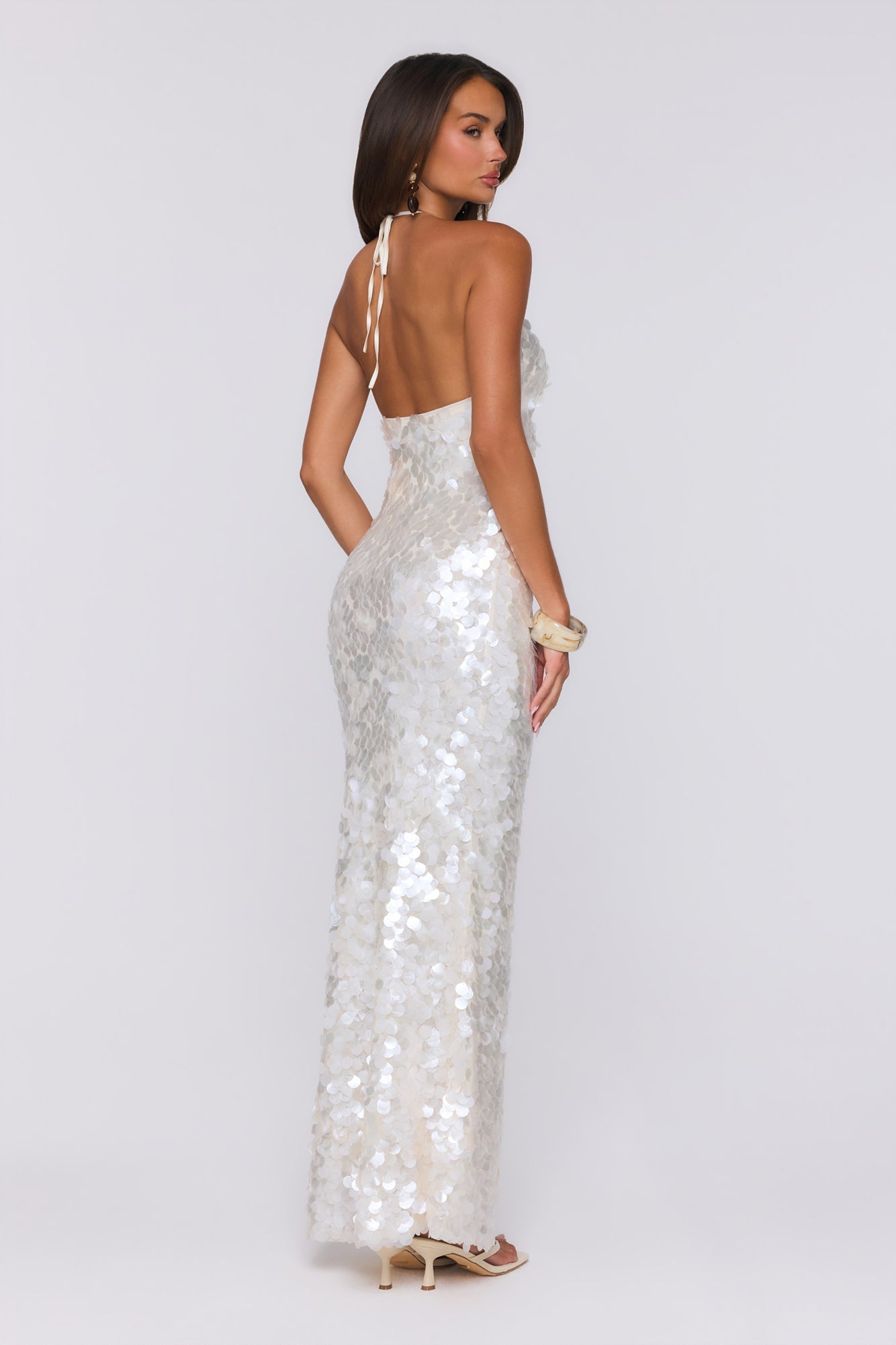 Sparkling Affair Sequin Halter Maxi Dress Ecru White
