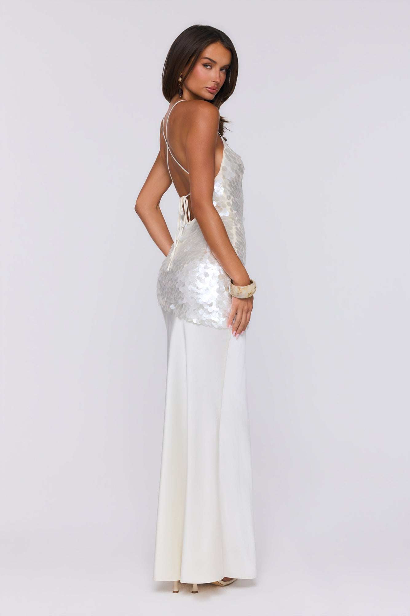 Shimmer Glow Sequin Maxi Dress Ecru White