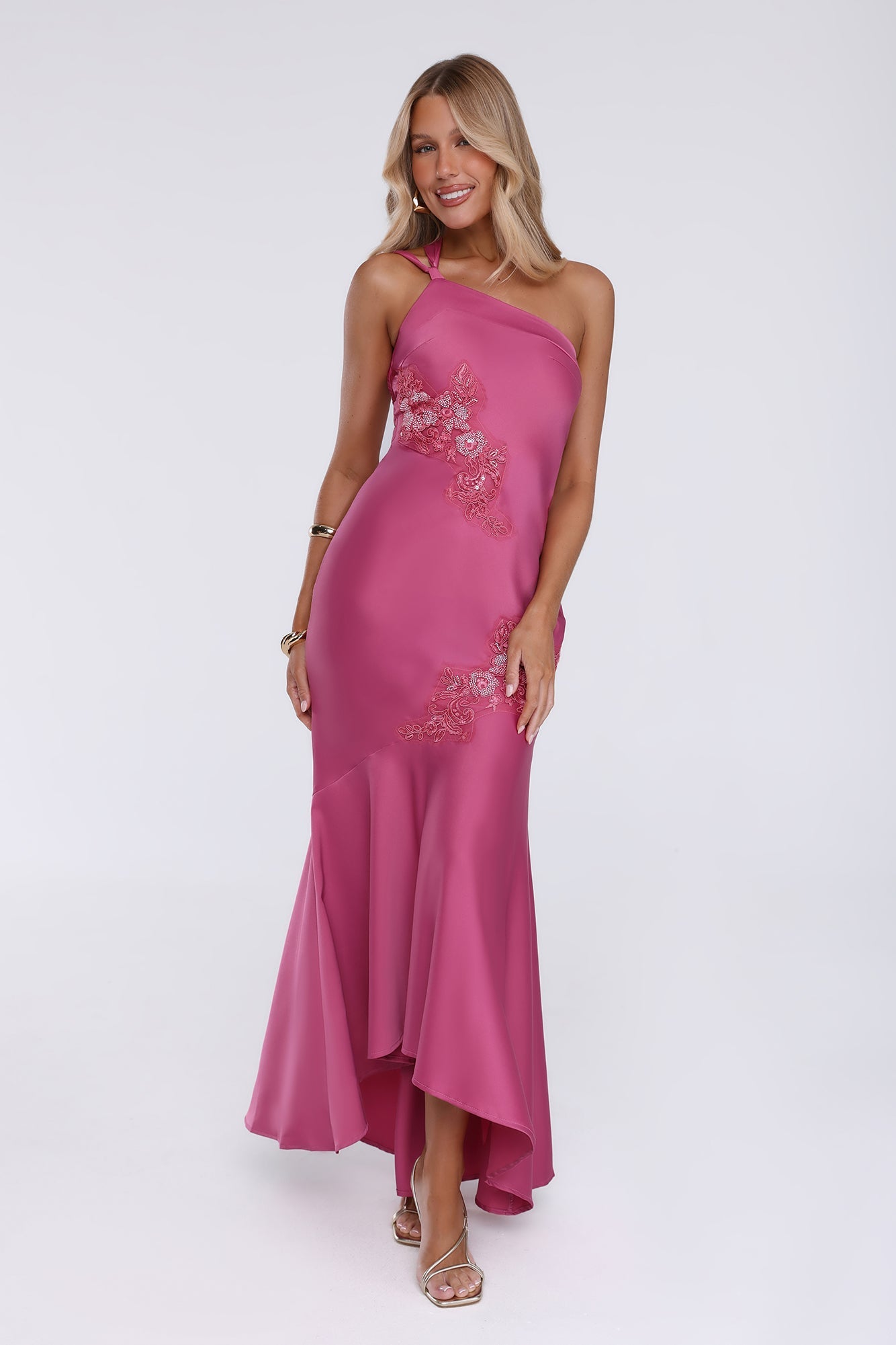 Jelly Glow One Shoulder Satin Maxi Dress Rose