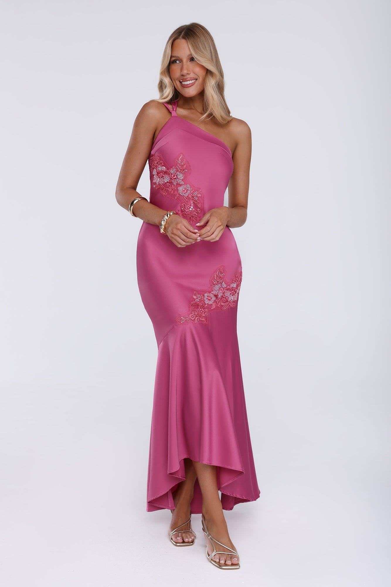 Jelly Glow One Shoulder Satin Maxi Dress Rose