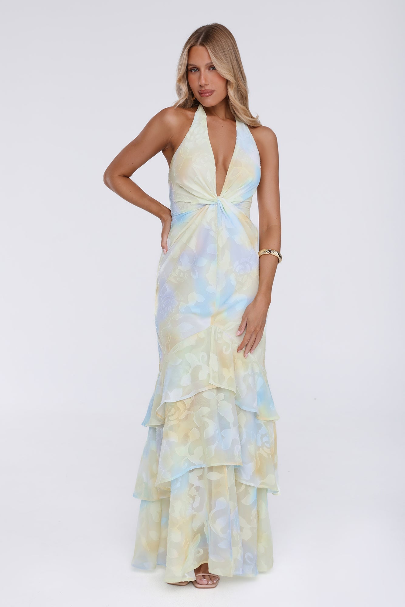 Sultry Bloom Halter Maxi Dress Yellow