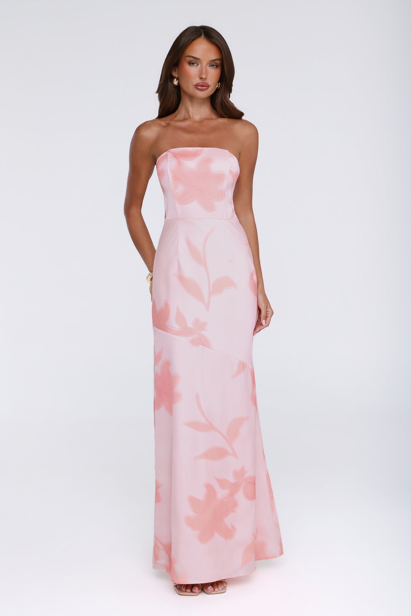 Warm Waves Strapless Satin Maxi Dress Peach Floral Print