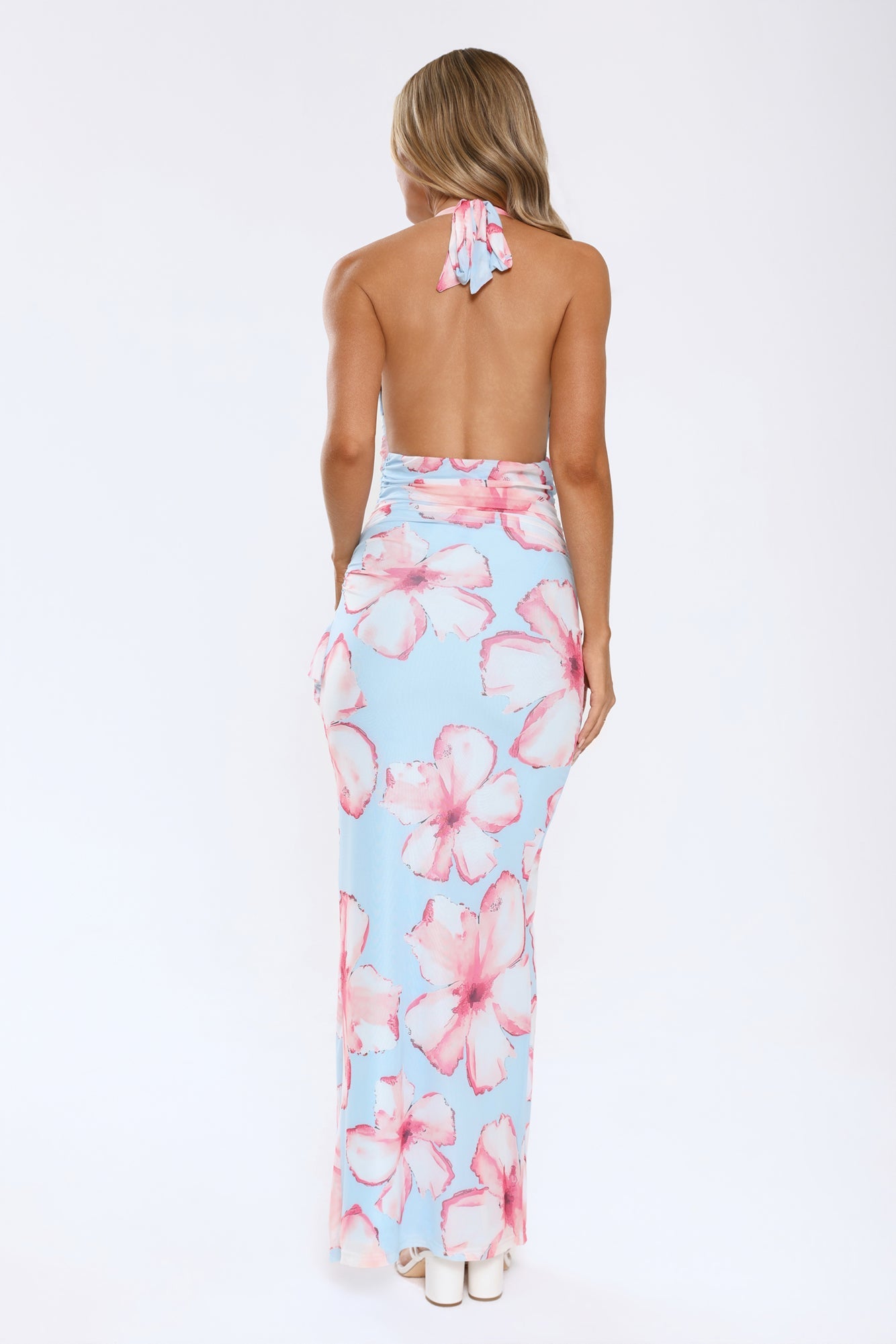 Sweetly Said Mesh Halter Maxi Dress Blue