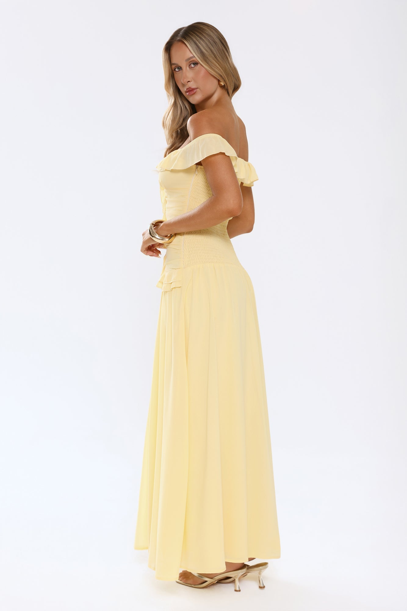 Radiant Poise Off Shoulder Maxi Dress Yellow