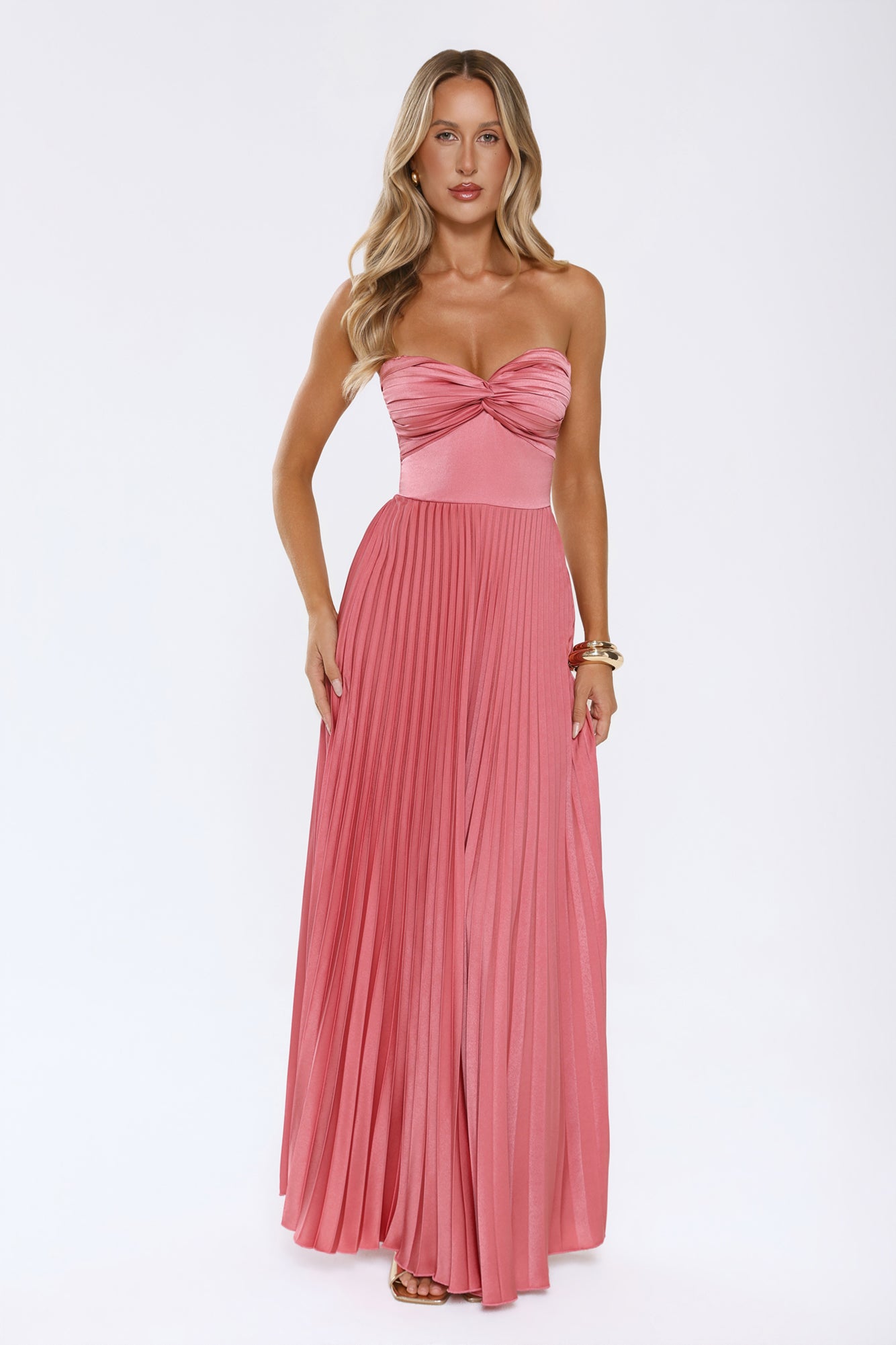 Sassy Sunshine Satin Pleated Strapless Maxi Dress Rose