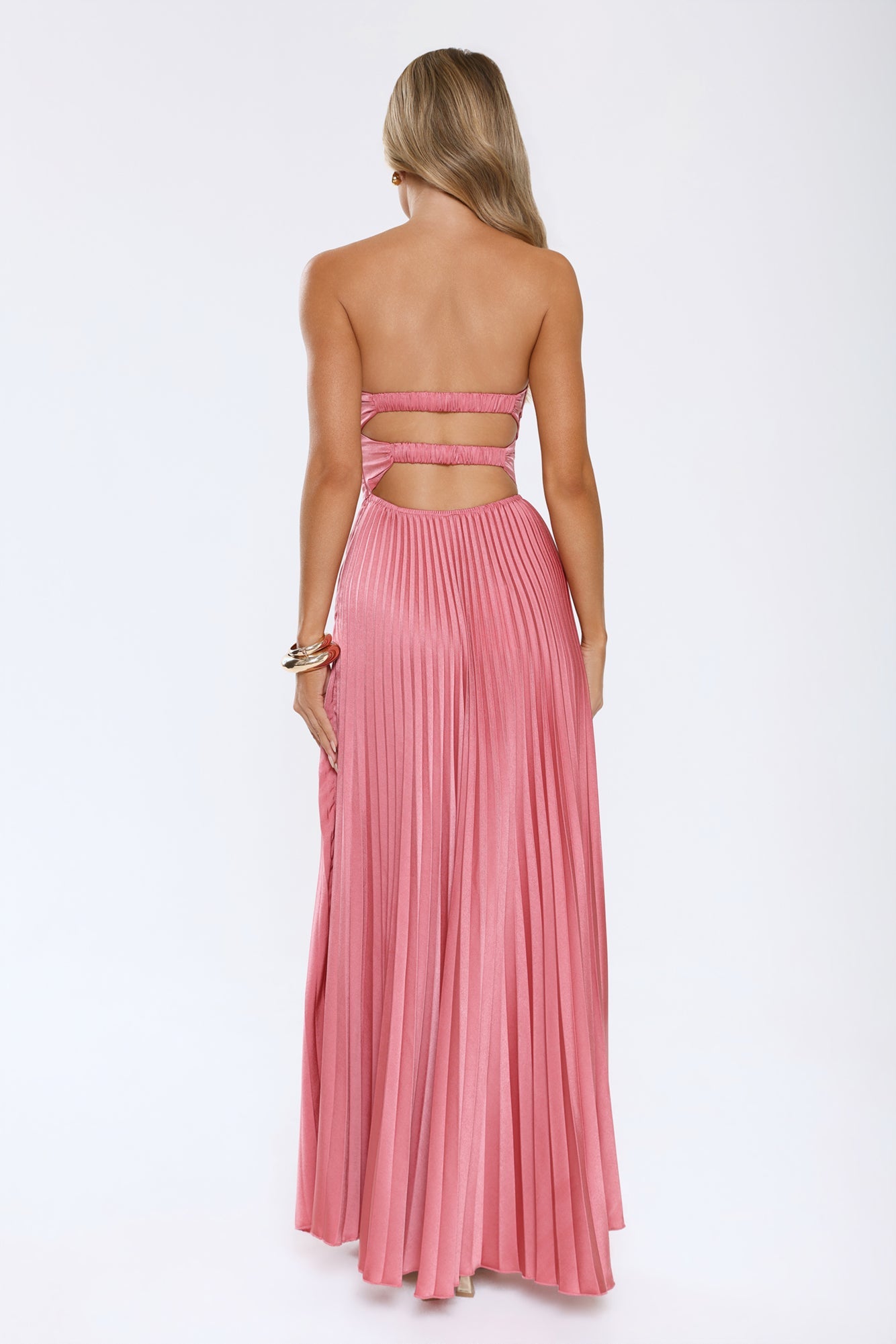 Sassy Sunshine Satin Pleated Strapless Maxi Dress Rose