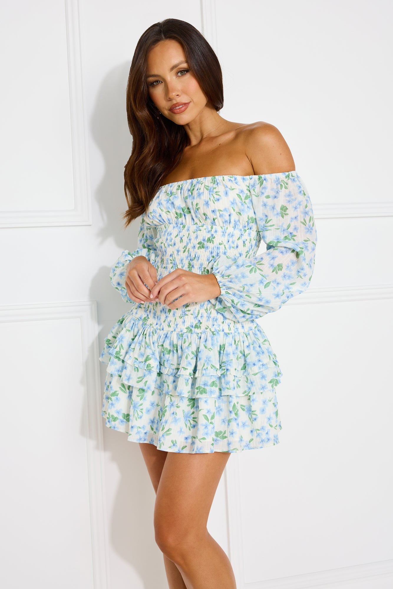 Fashionable Debutante Off Shoulder Mini Dress Blue