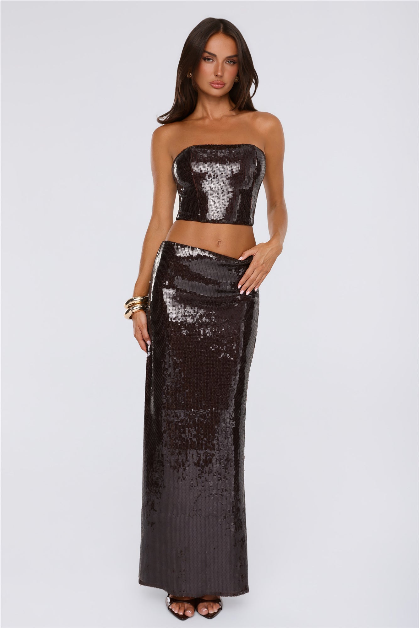 Shine Into Chic Sequin Maxi Skirt Chocolate