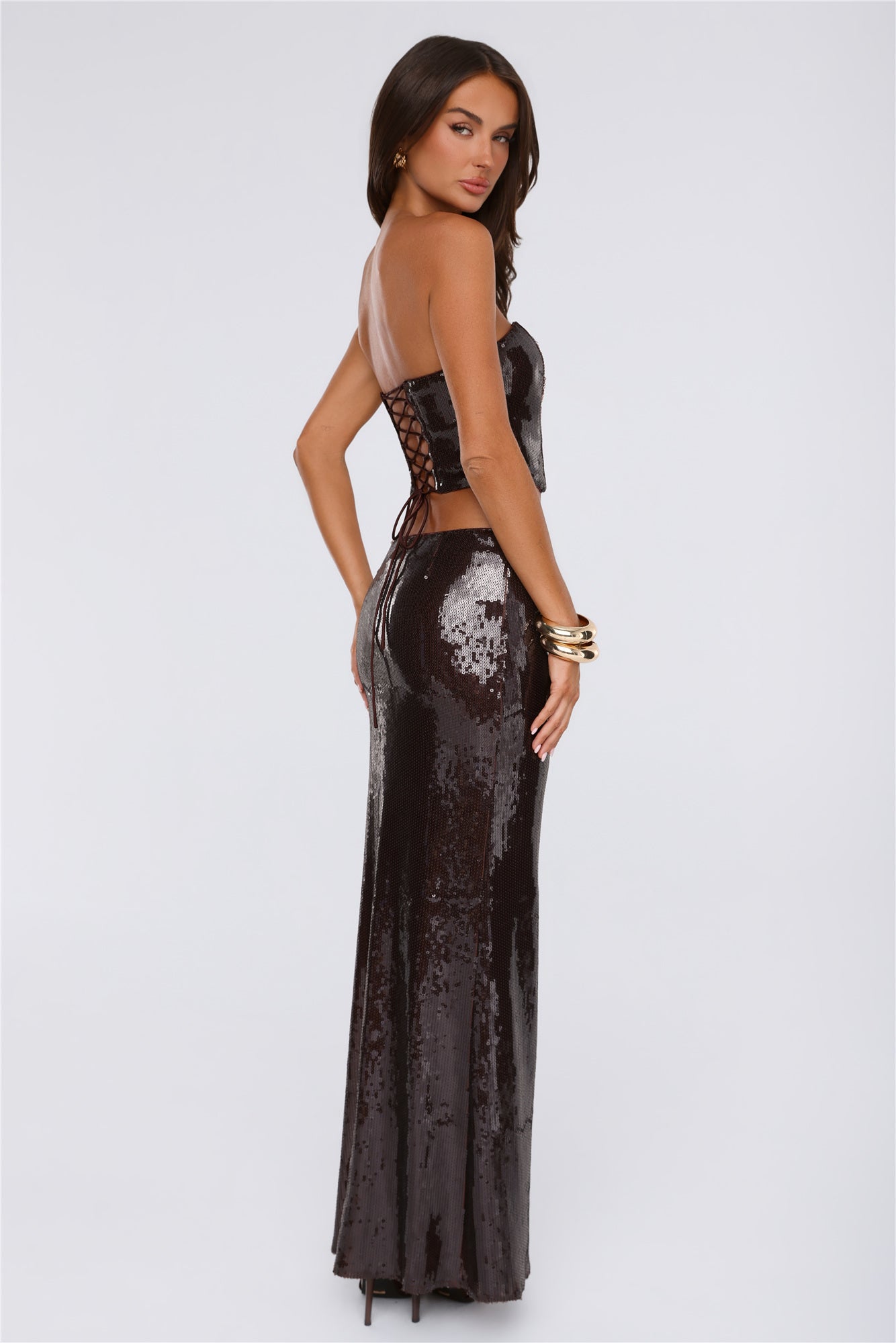 Shine Into Chic Sequin Maxi Skirt Chocolate