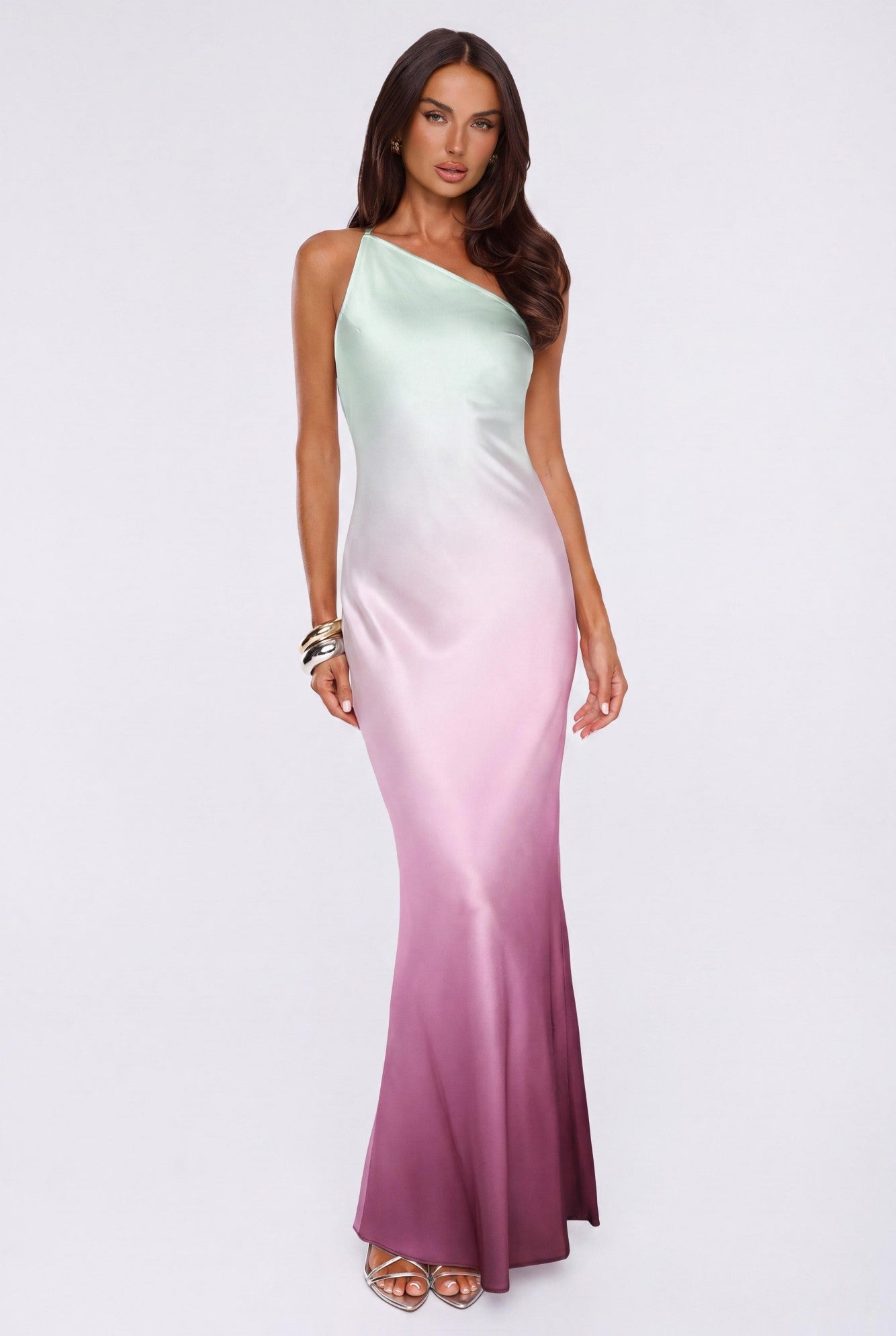 Glowing Spell One Shoulder Satin Maxi Dress Ombre