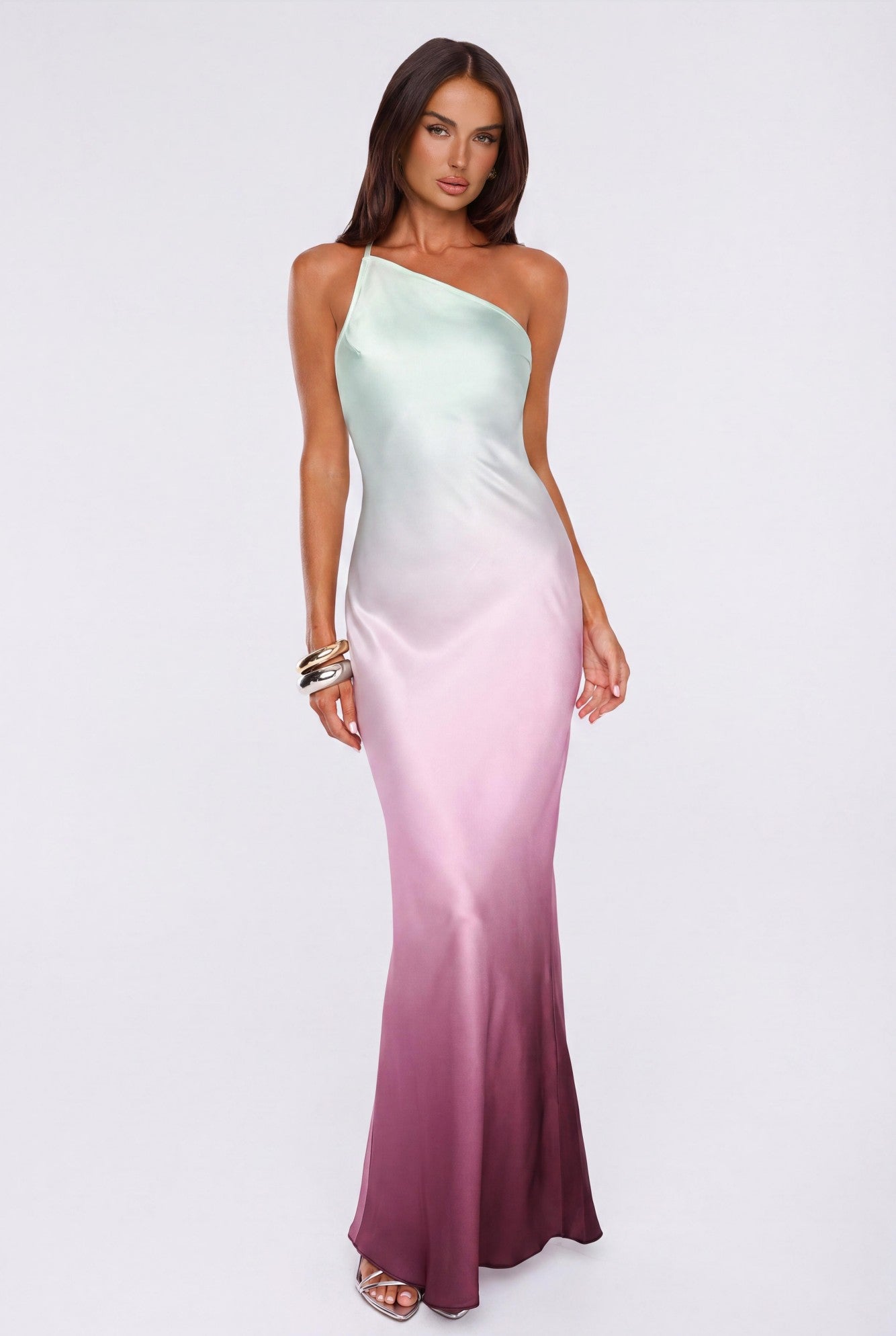 Glowing Spell One Shoulder Satin Maxi Dress Ombre