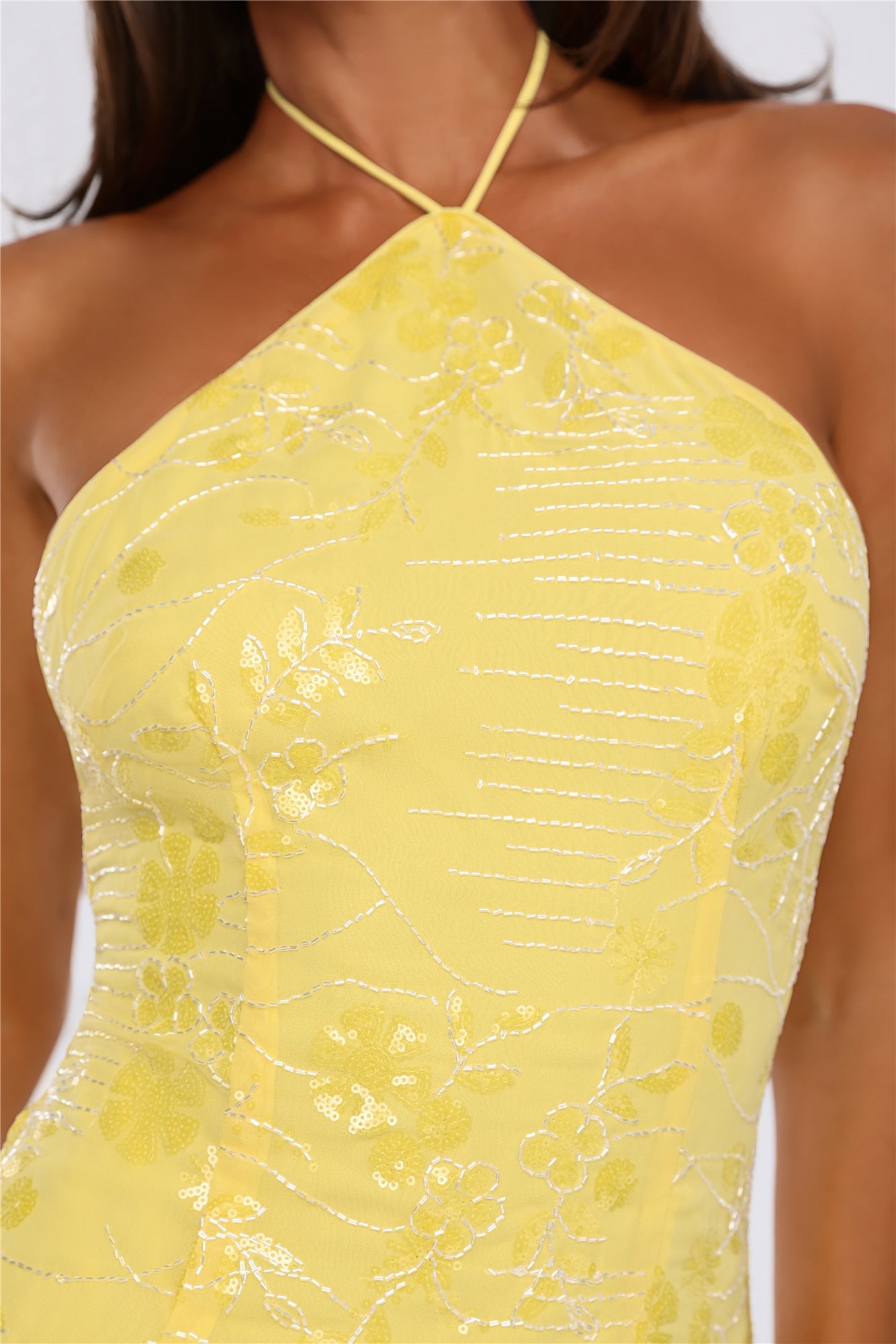 Fizzy Spark Embellished Halter Mini Dress Yellow