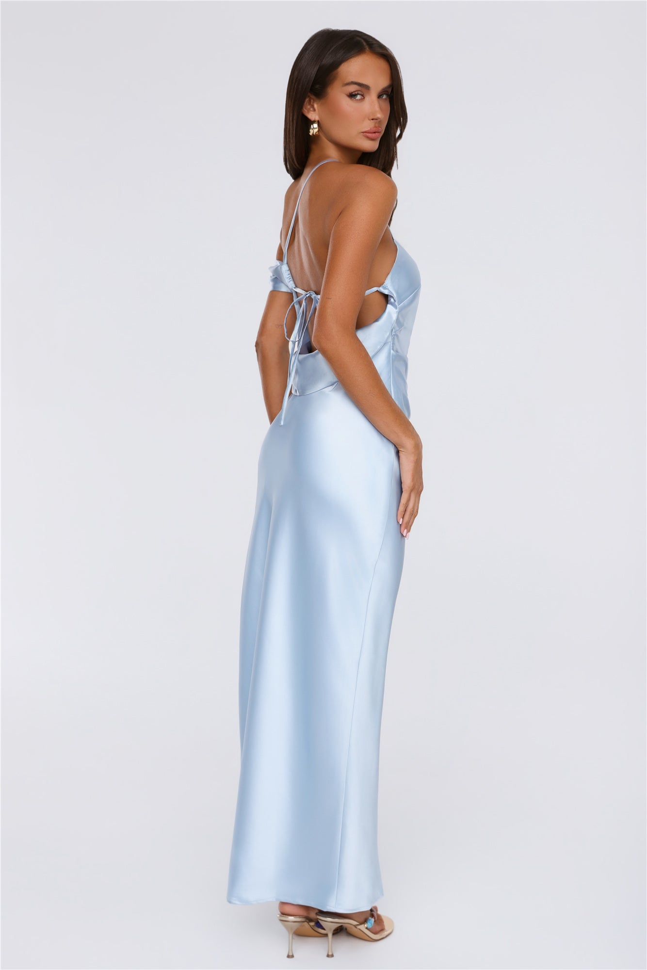 Social Diary Off Shoulder Satin Maxi Dress Blue