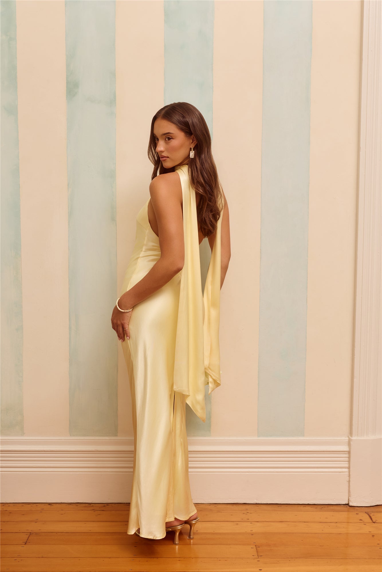 The Vivia Halter Satin Maxi Dress Yellow