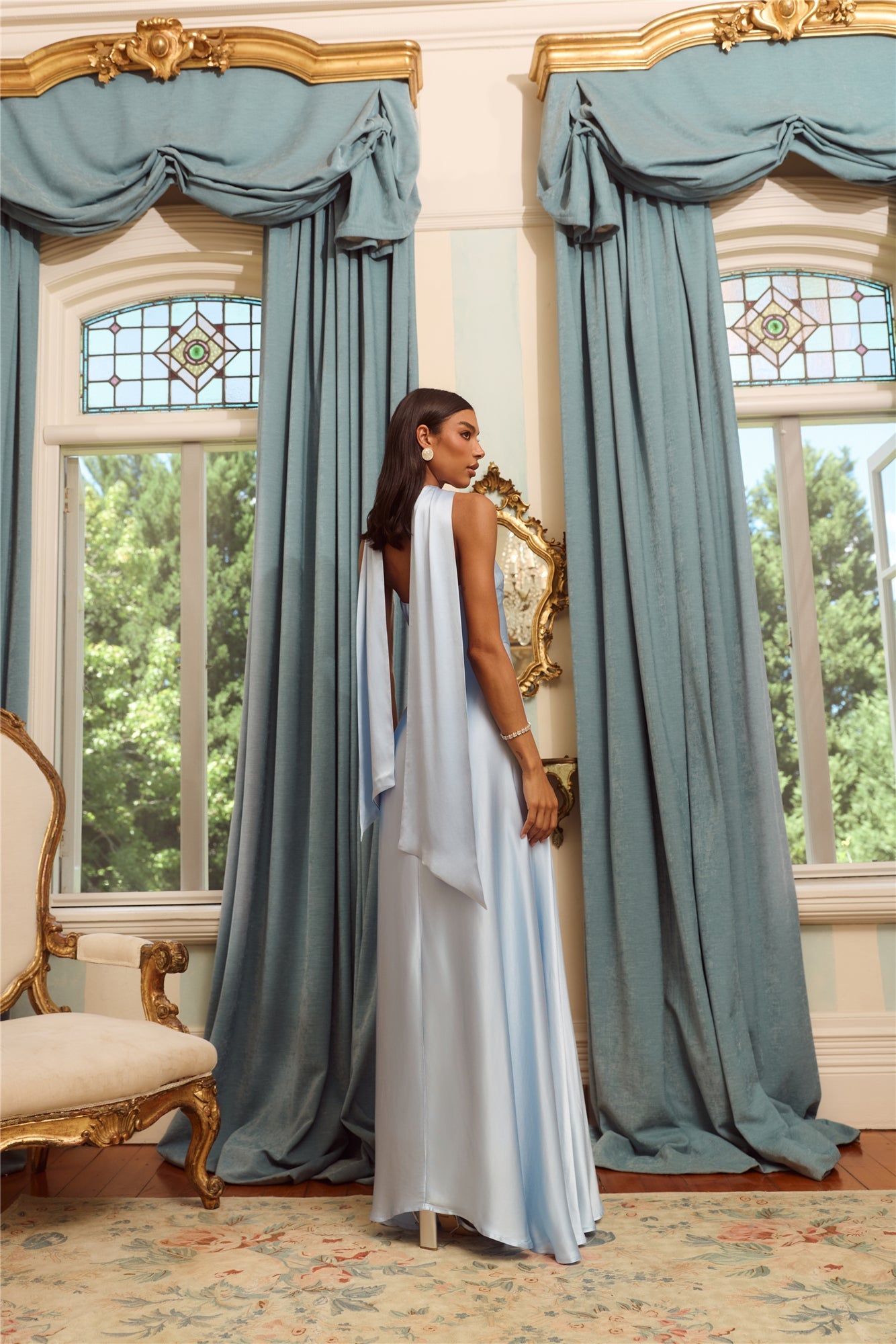 The Serina Strapless Satin Maxi Dress Light Blue