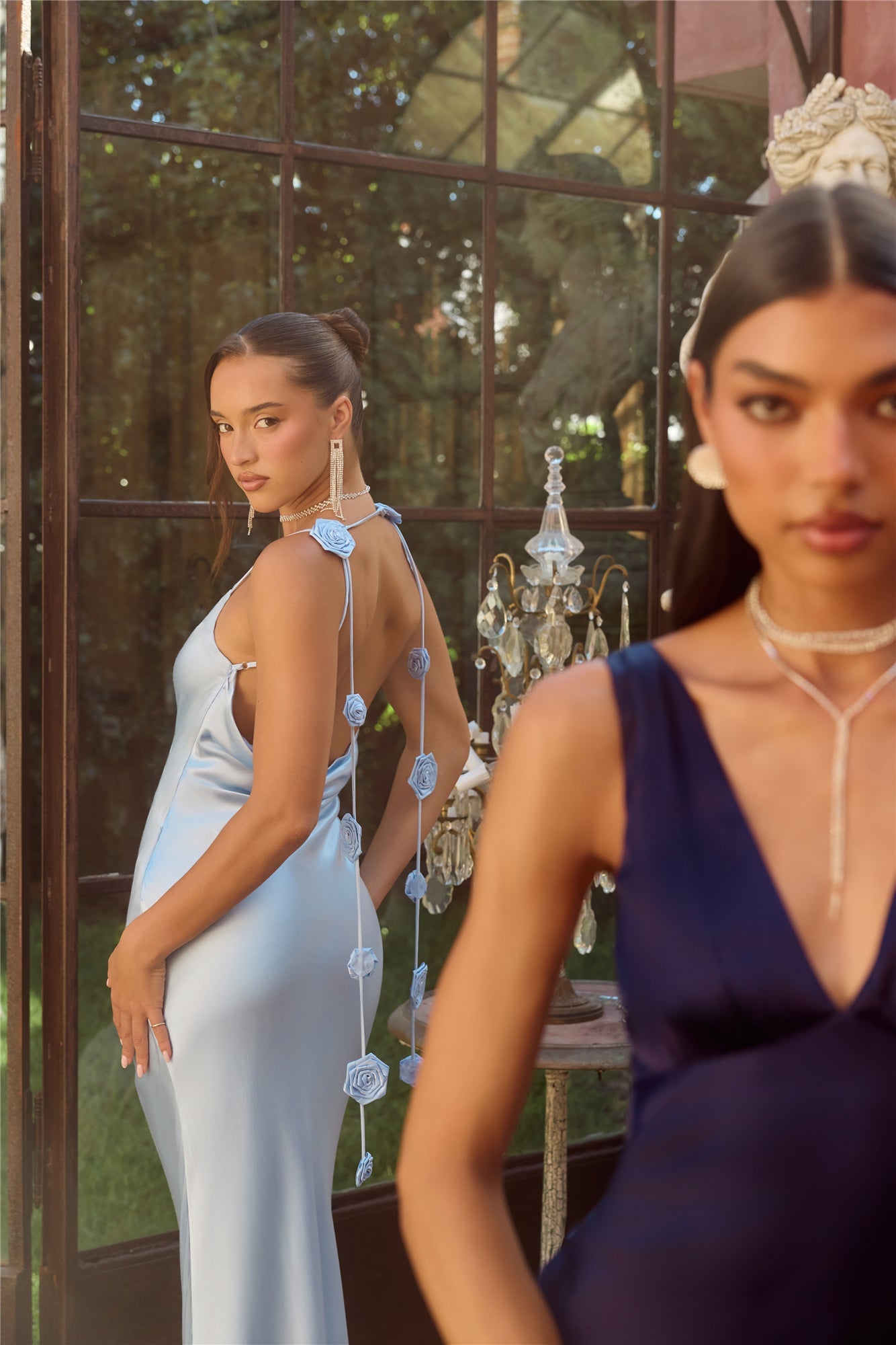 The Flora Satin Maxi Dress Light Blue