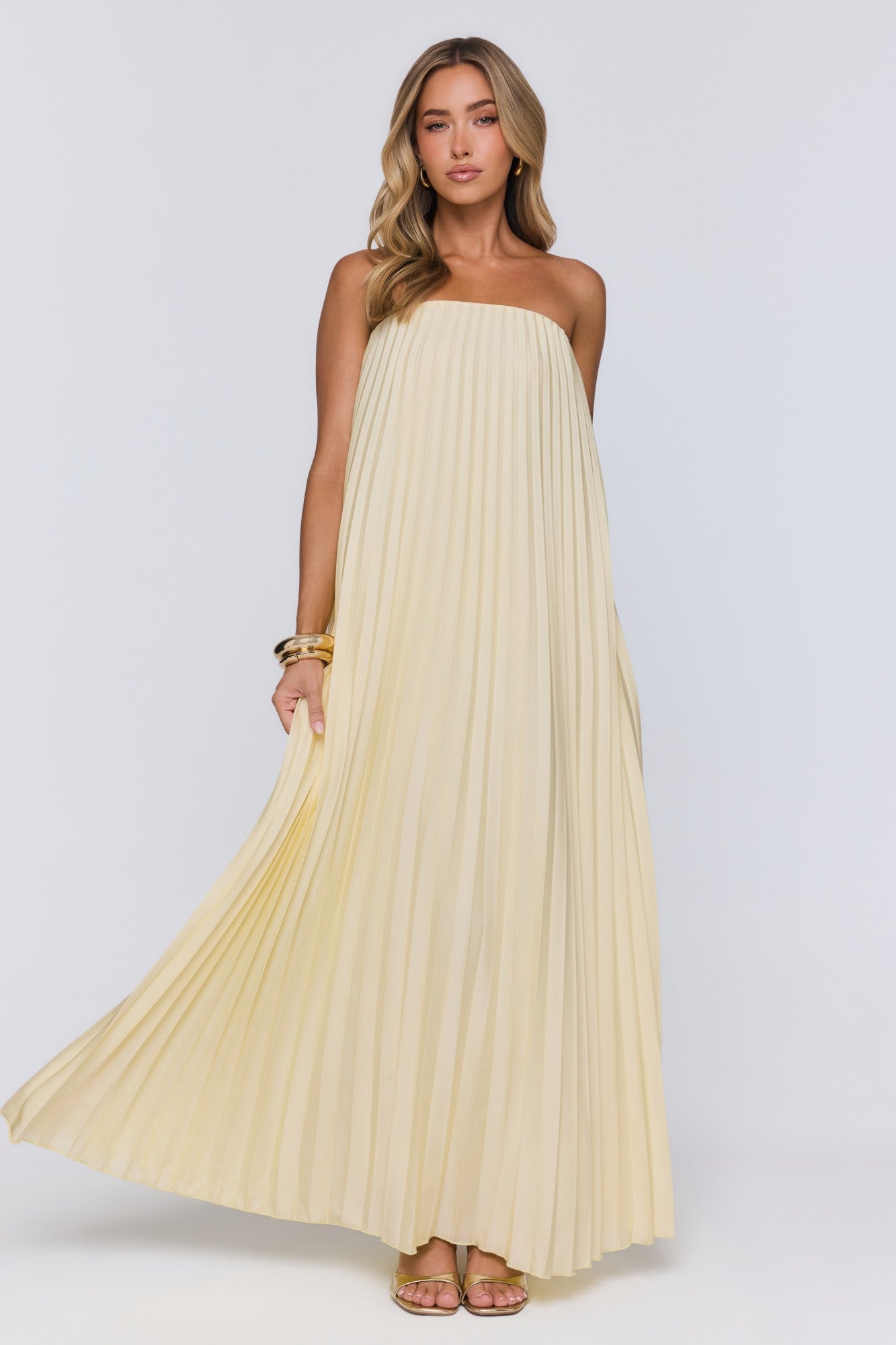 Moonlit Sea Pleated Strapless Maxi Dress Lemon