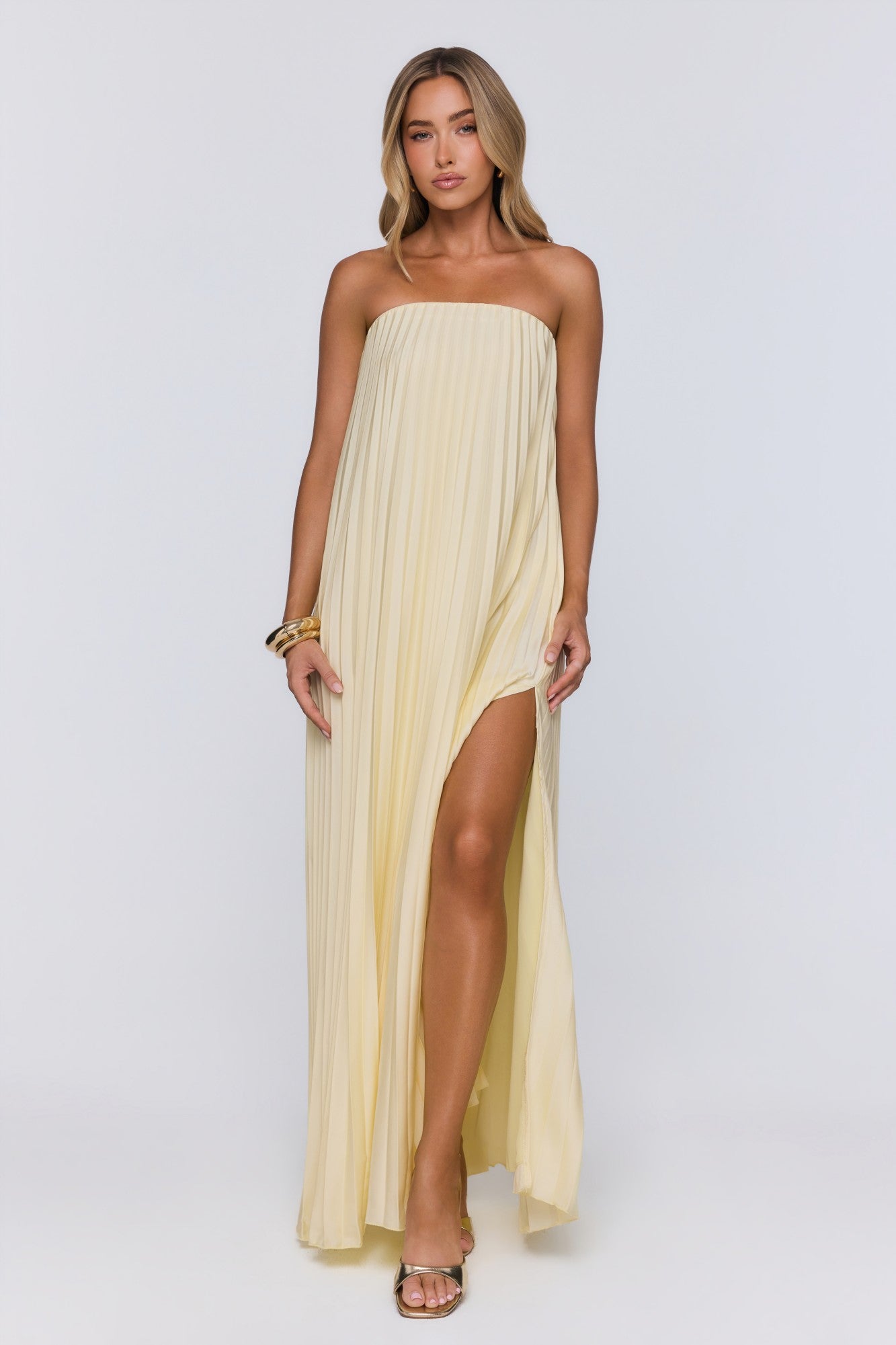 Moonlit Sea Pleated Strapless Maxi Dress Lemon