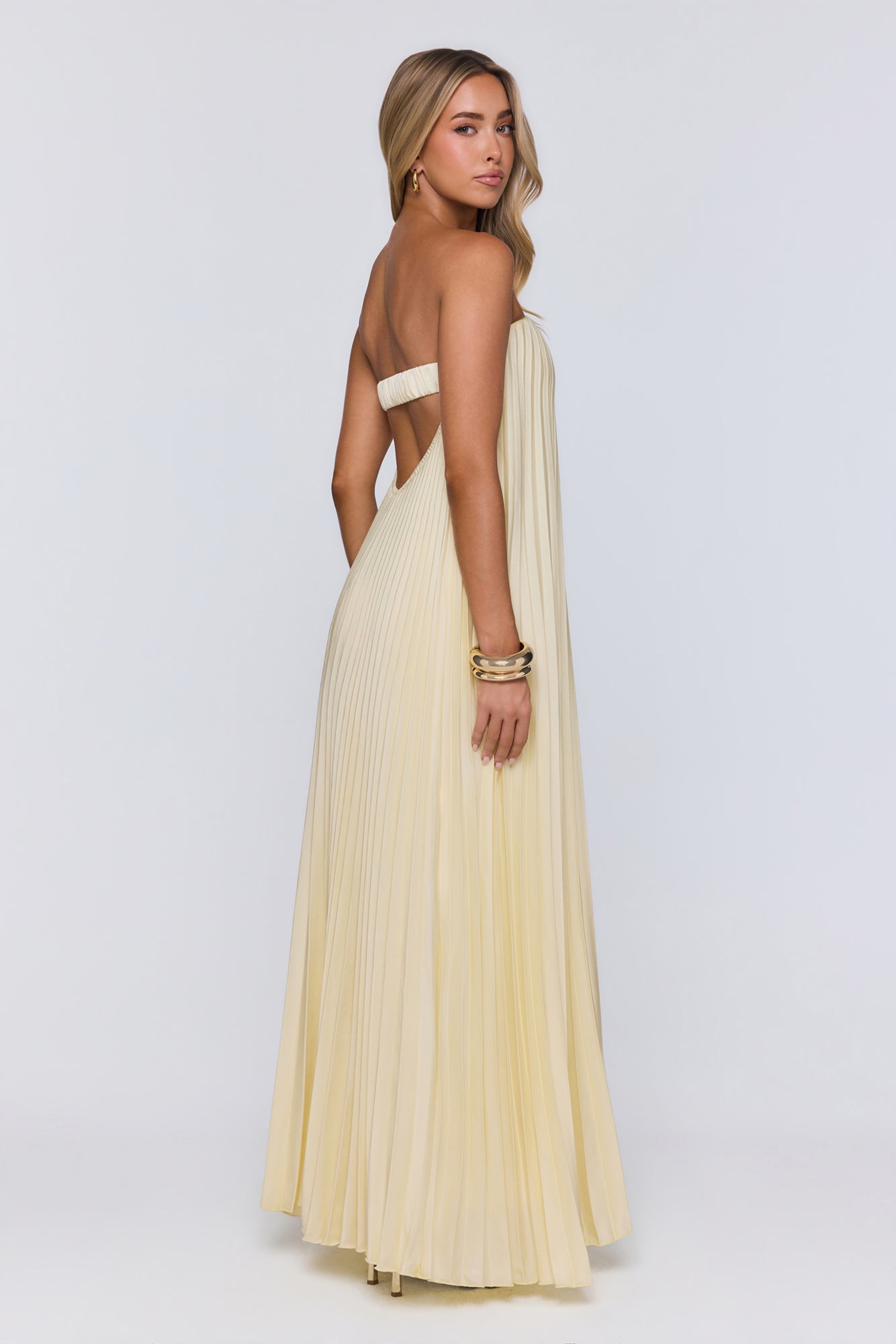Moonlit Sea Pleated Strapless Maxi Dress Lemon