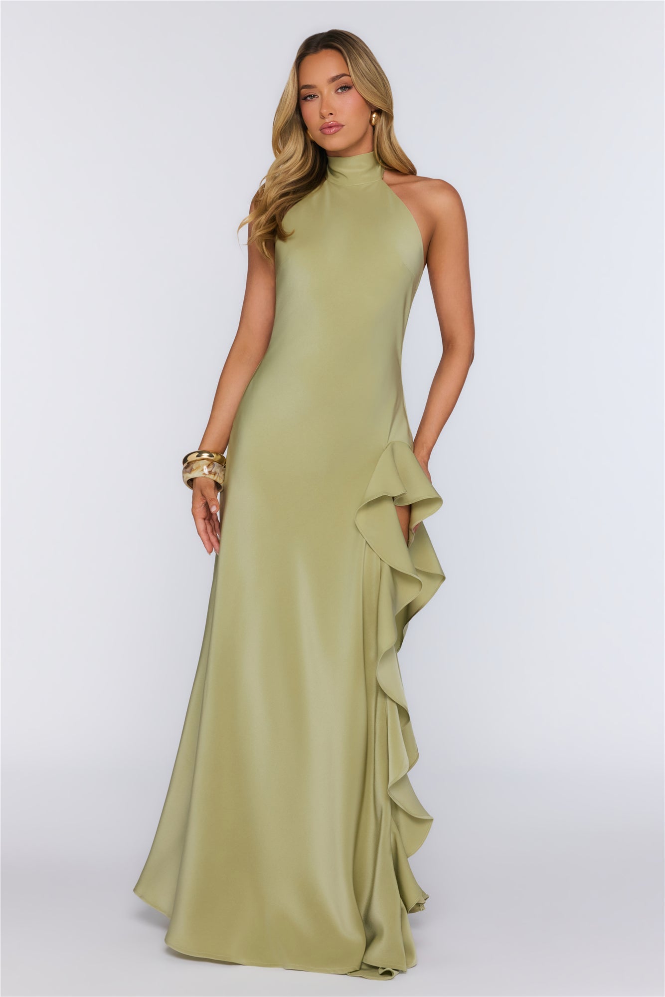 Dreamlight Halter Satin Maxi Dress Khaki