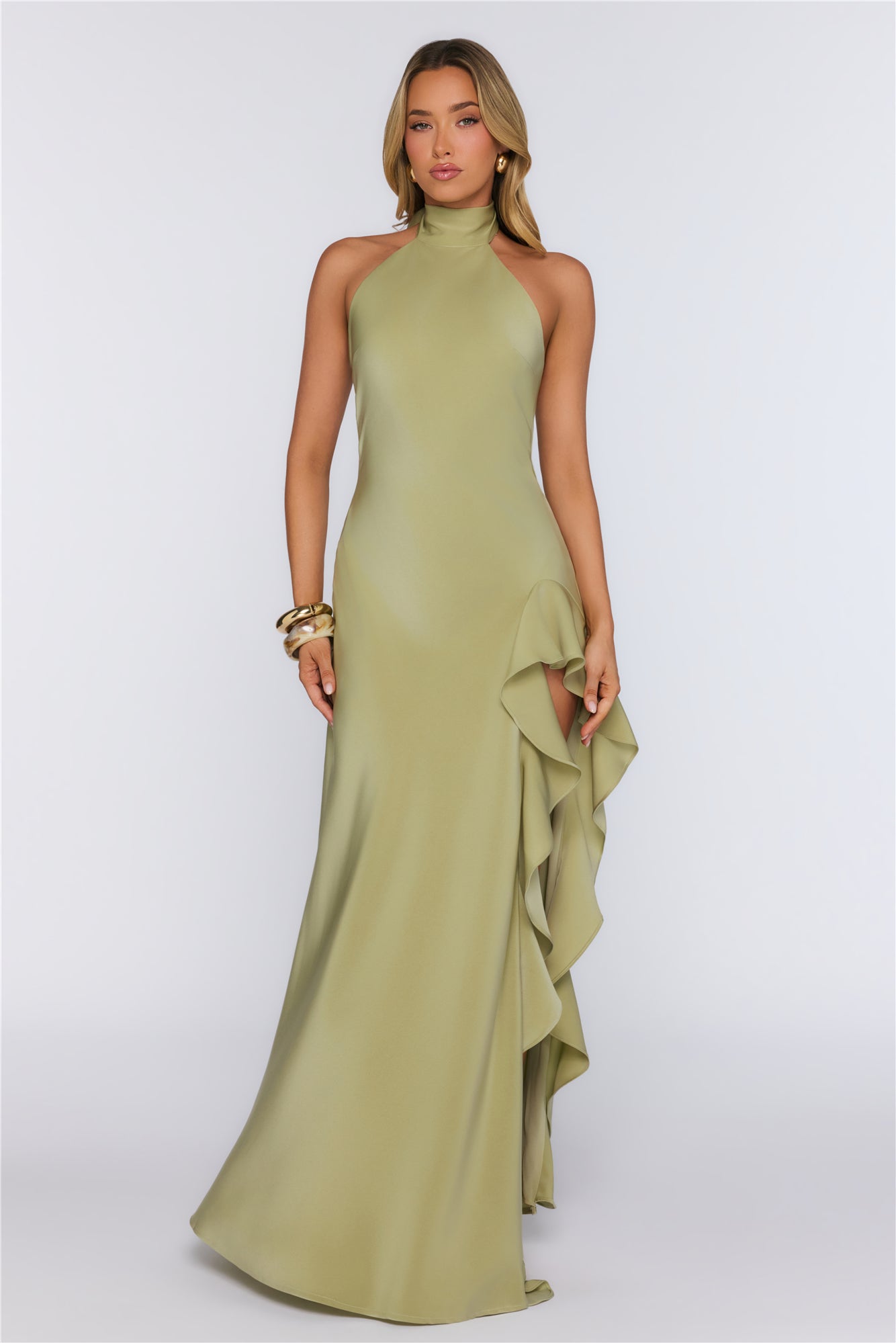 Dreamlight Halter Satin Maxi Dress Khaki