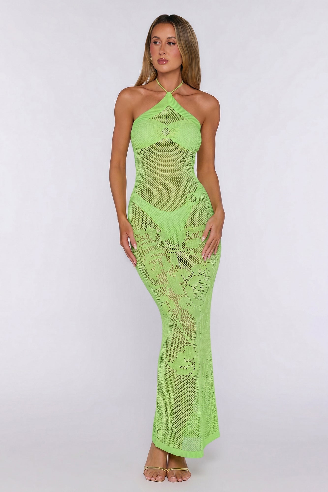 Havana Sunset Knit Halter Maxi Dress Lime Green