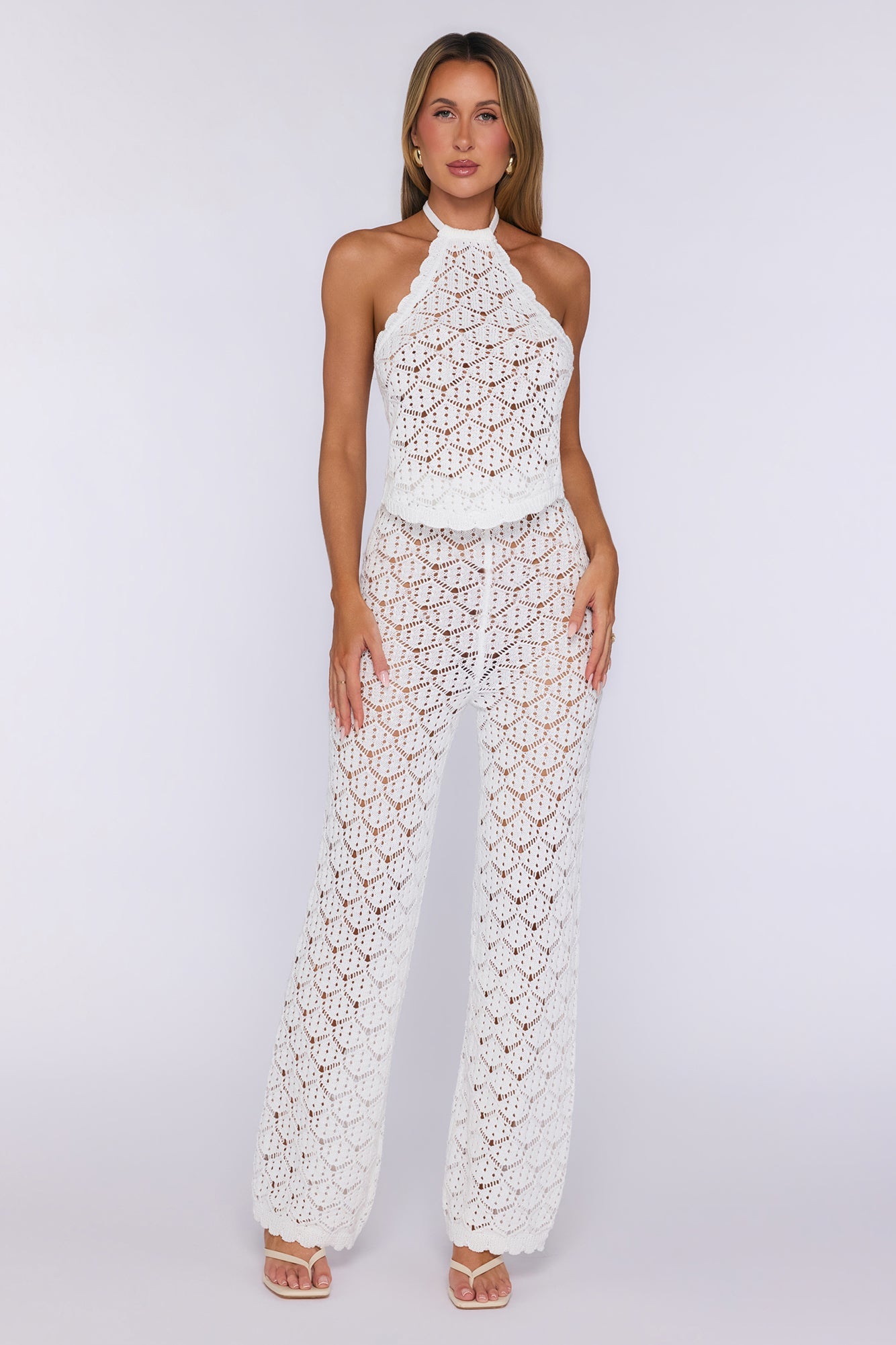 Palm Shade Halter Knit Top White