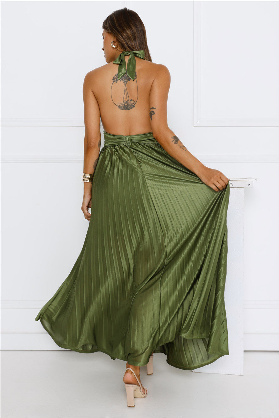 Shimmering Sea Pleated Halter Maxi Dress Olive