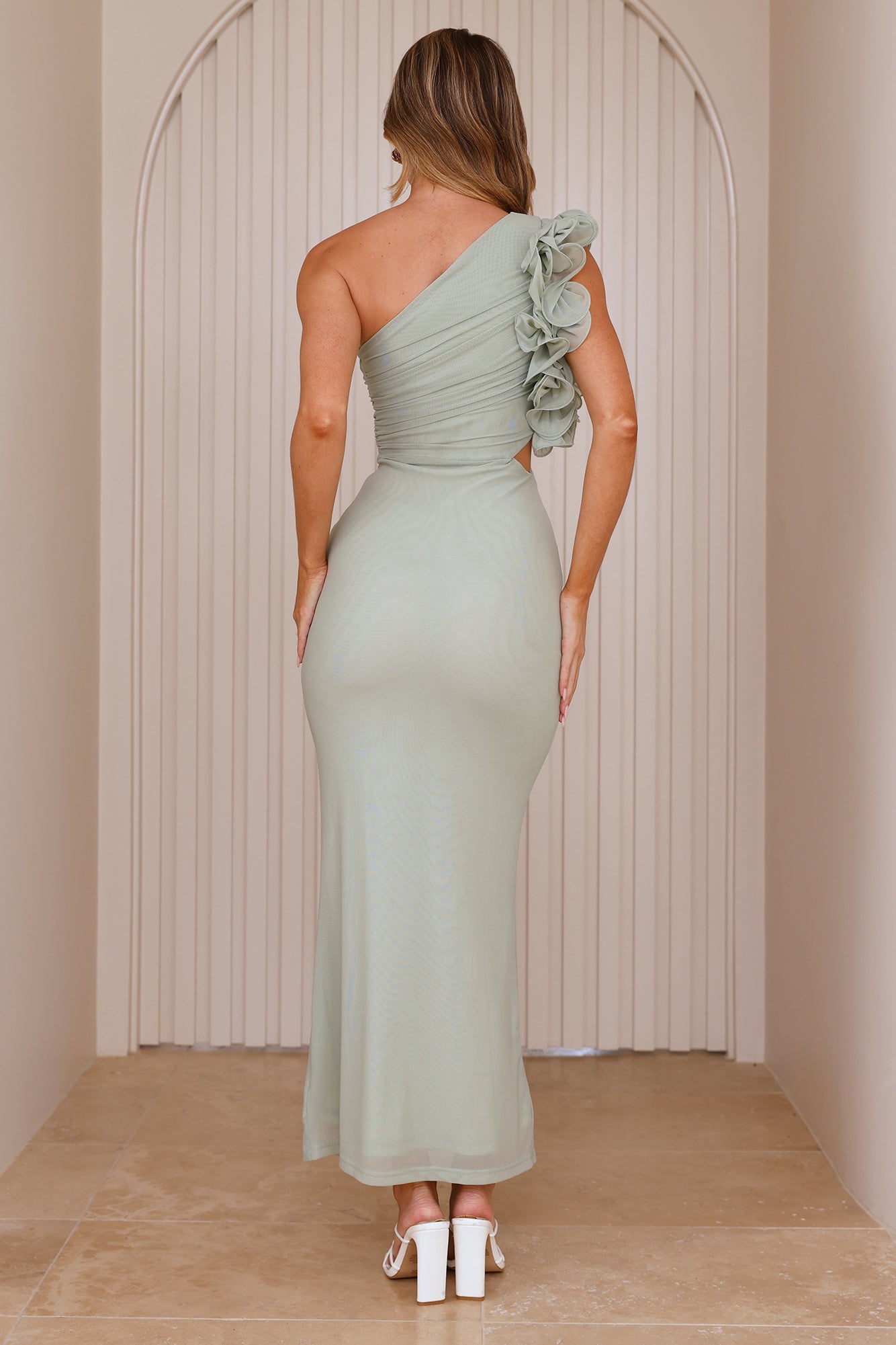 Luxe By Moonlight One Shoulder Mesh Maxi Dress Sage