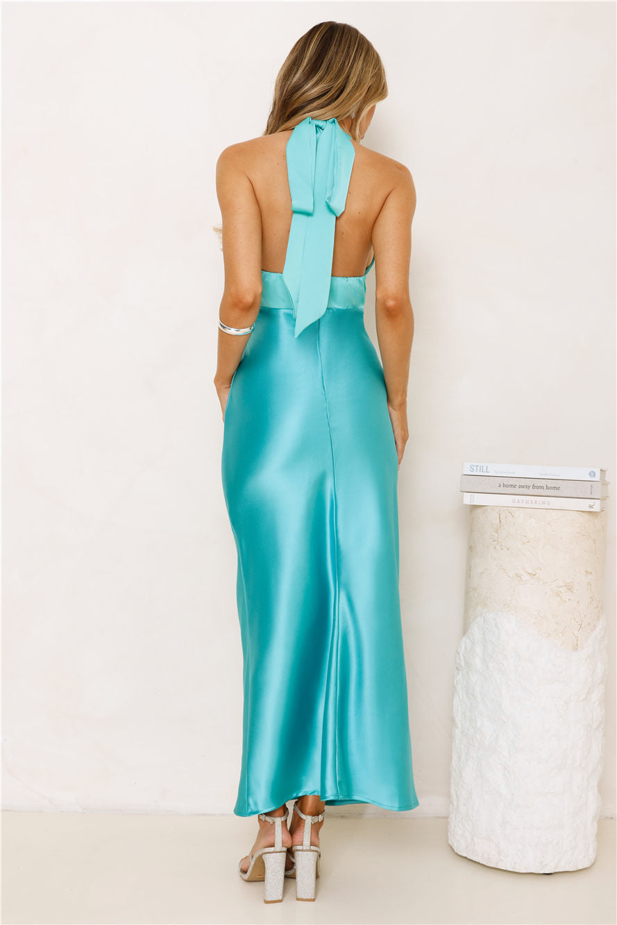 Speaks For Itself Satin Halter Maxi Dress Turquoise