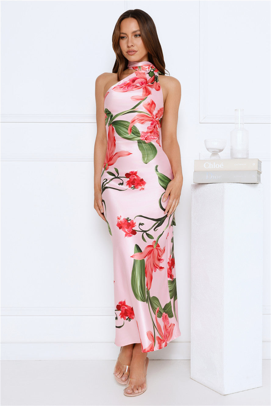 Romance In Bloom Satin Maxi Dress Pink