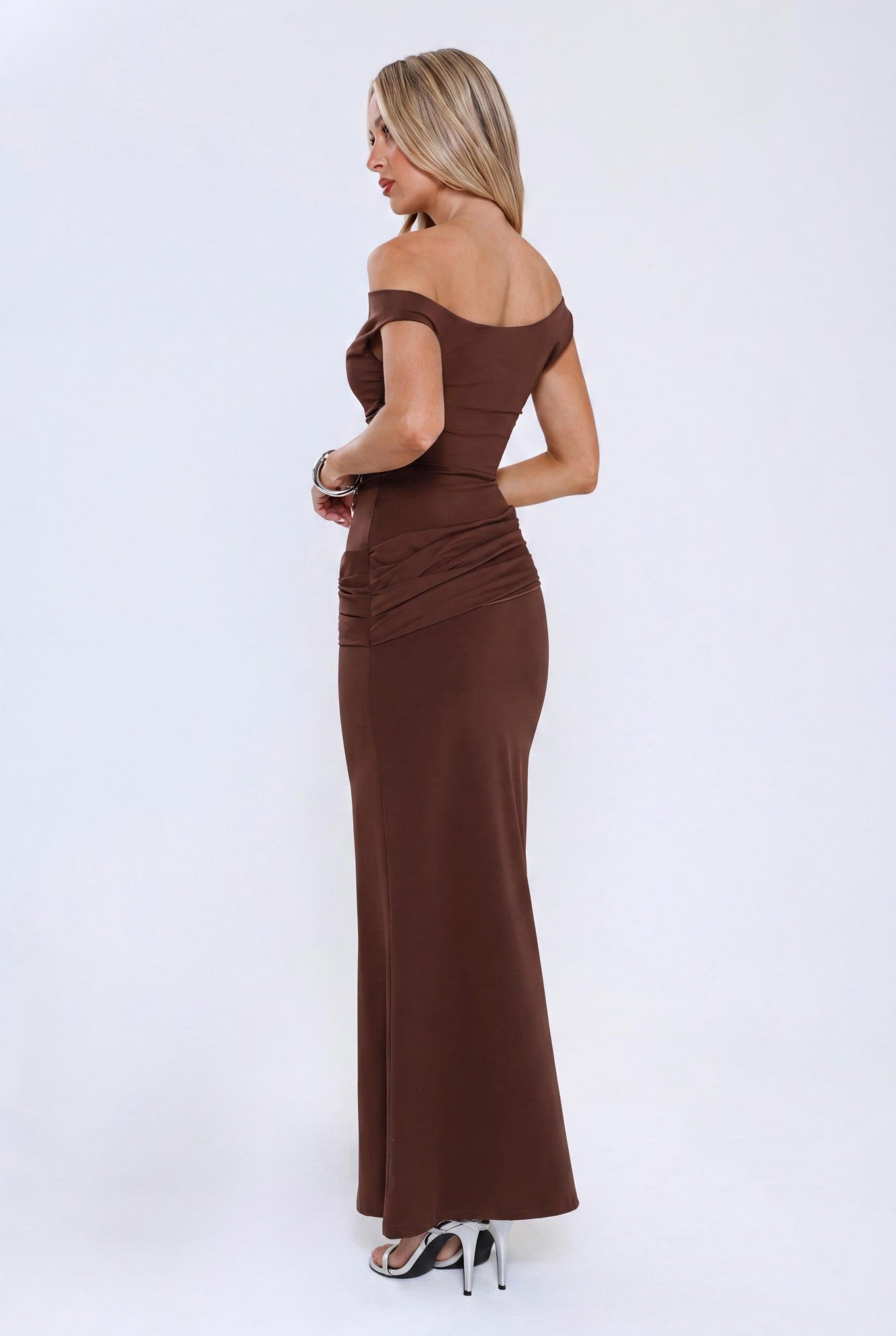 Caught In The Spotlight Off Shoulder Maxi Dress Chocolate