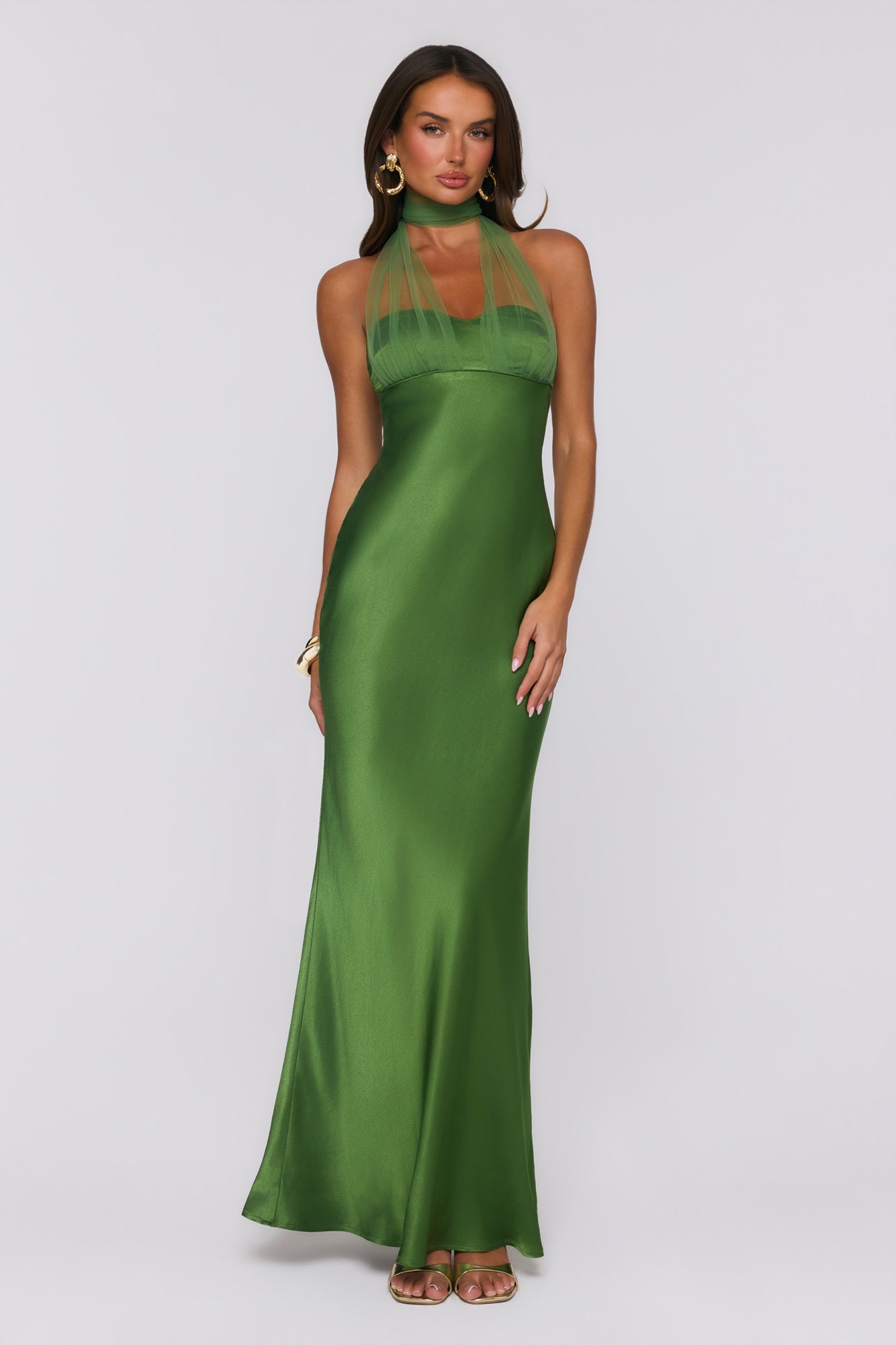 Étoile Club Satin Halter Maxi Dress Green