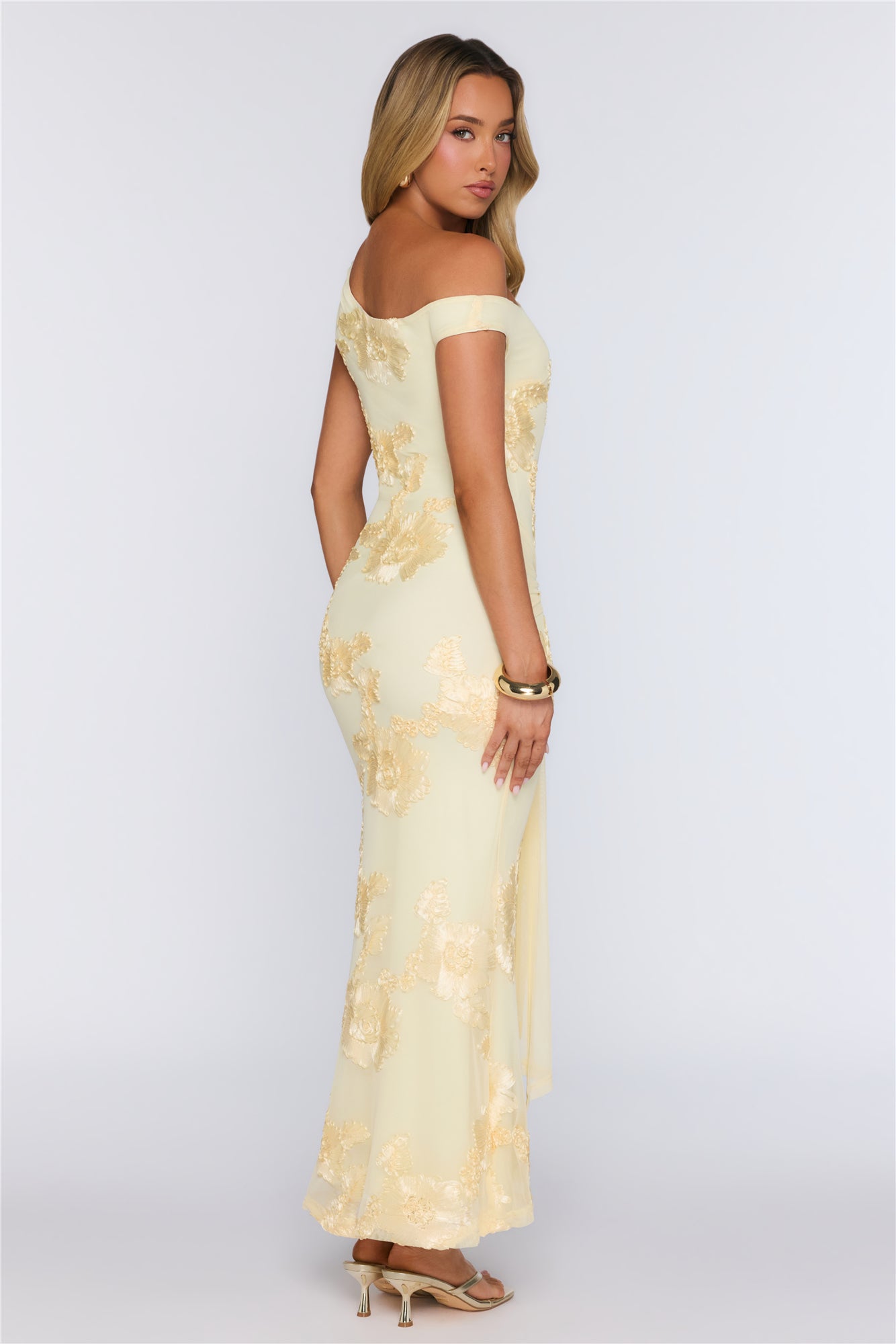 Future Icon Off Shoulder Mesh Maxi Dress Yellow