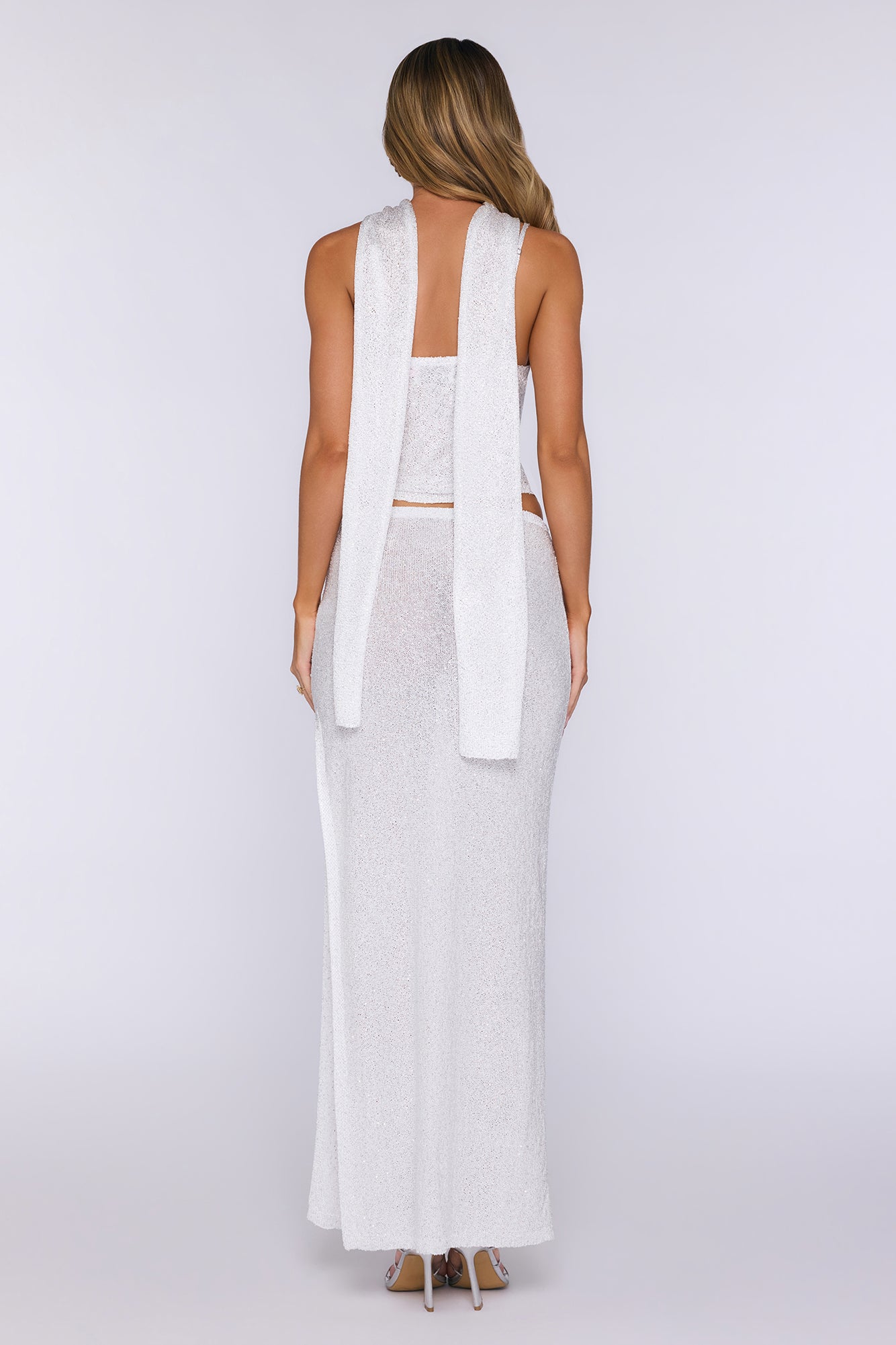 Whispering Coast Knit Sequin Maxi Skirt White