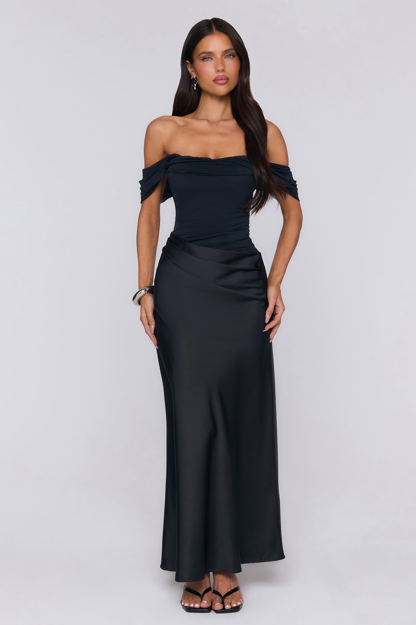 Evening Muse Off Shoulder Mesh Maxi Dress Black