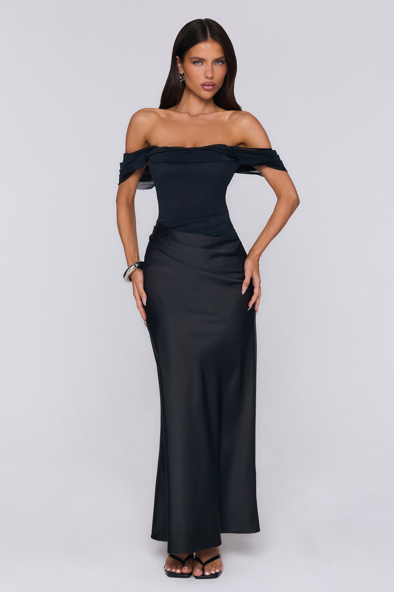 Evening Muse Off Shoulder Mesh Maxi Dress Black