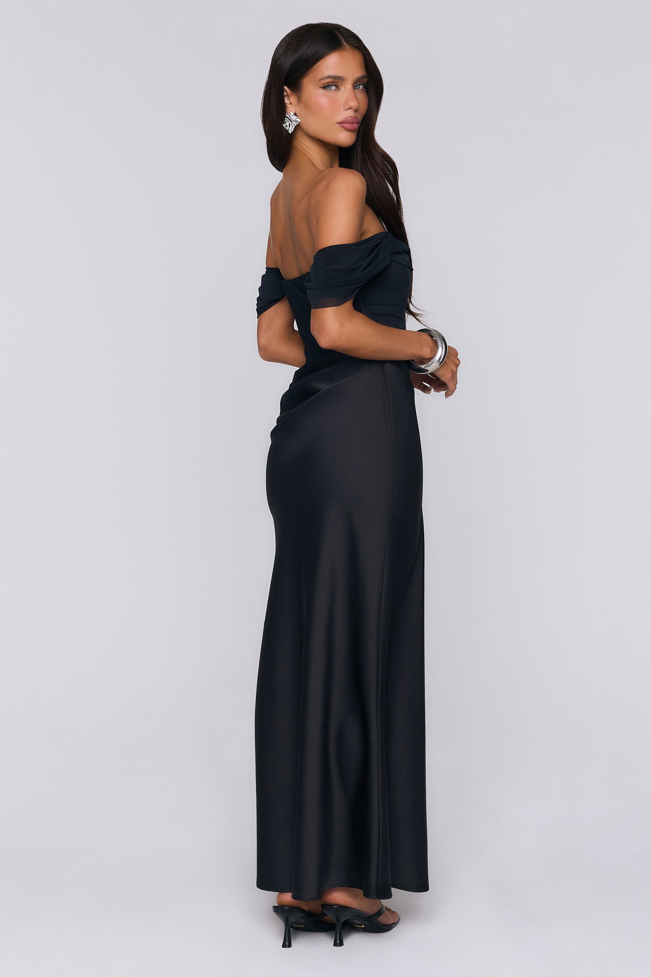 Evening Muse Off Shoulder Mesh Maxi Dress Black