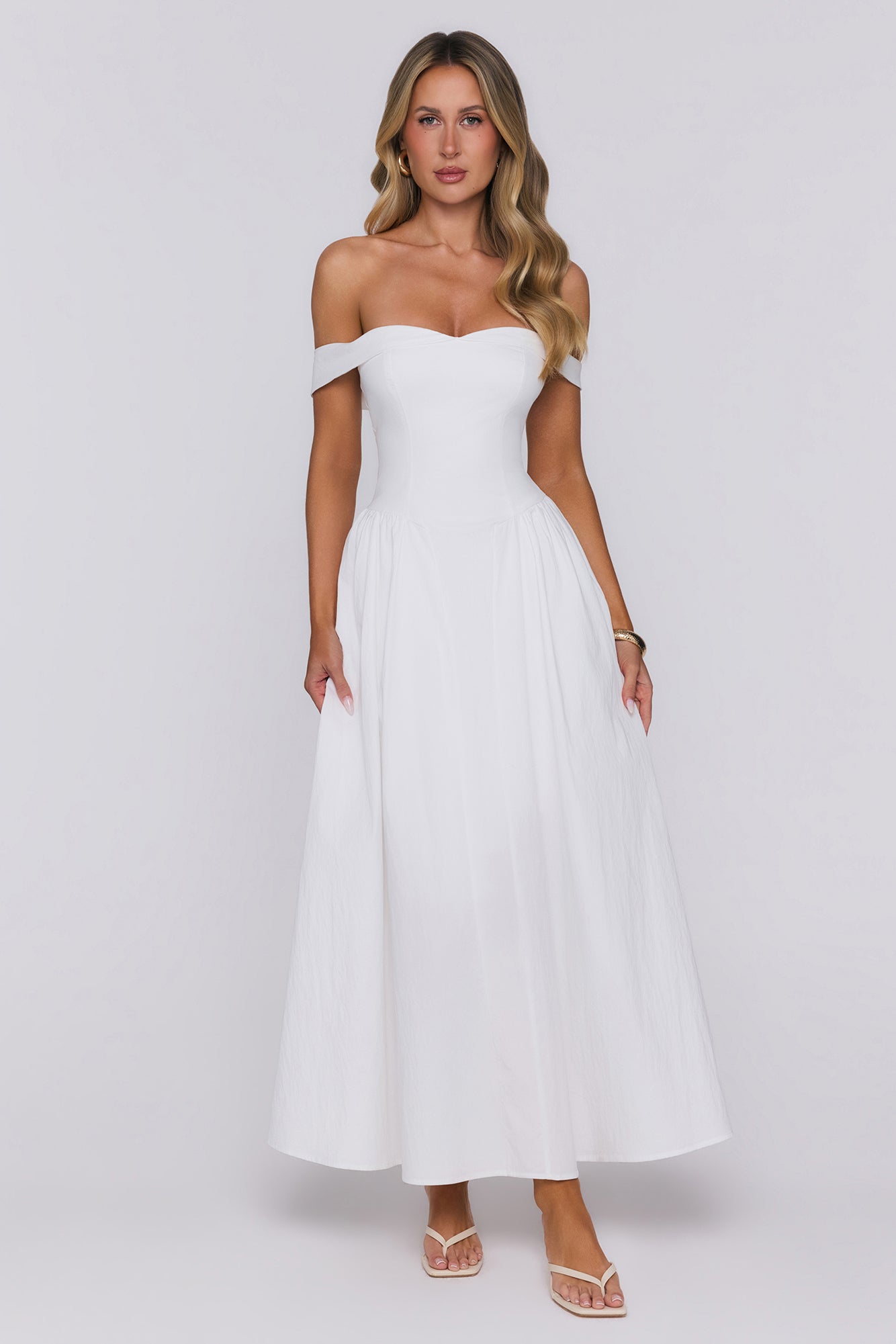 Polished Darling Off Shoulder Maxi Dress White