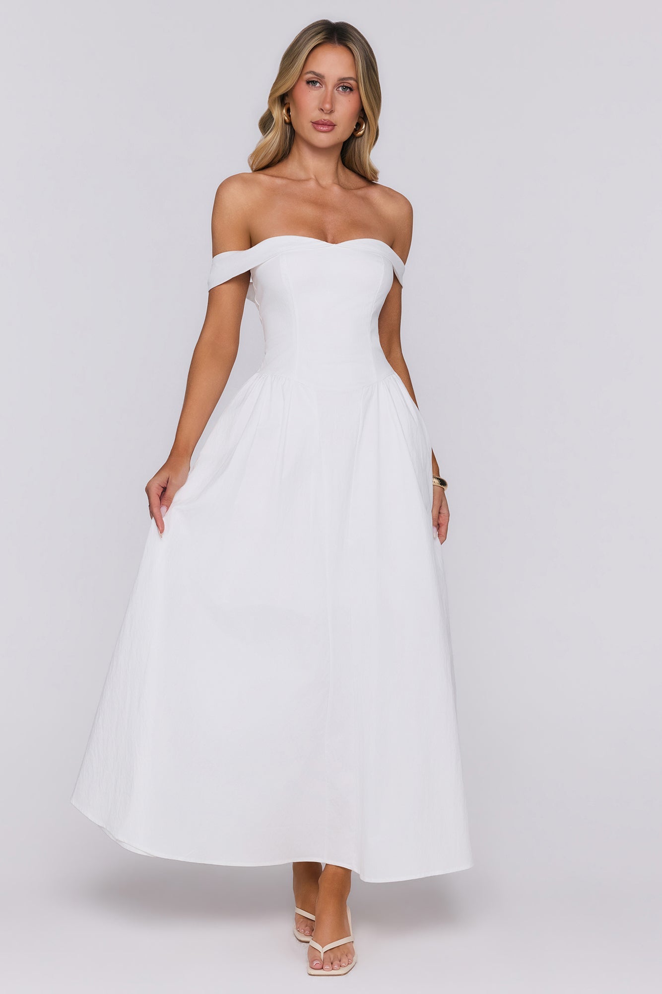 Polished Darling Off Shoulder Maxi Dress White