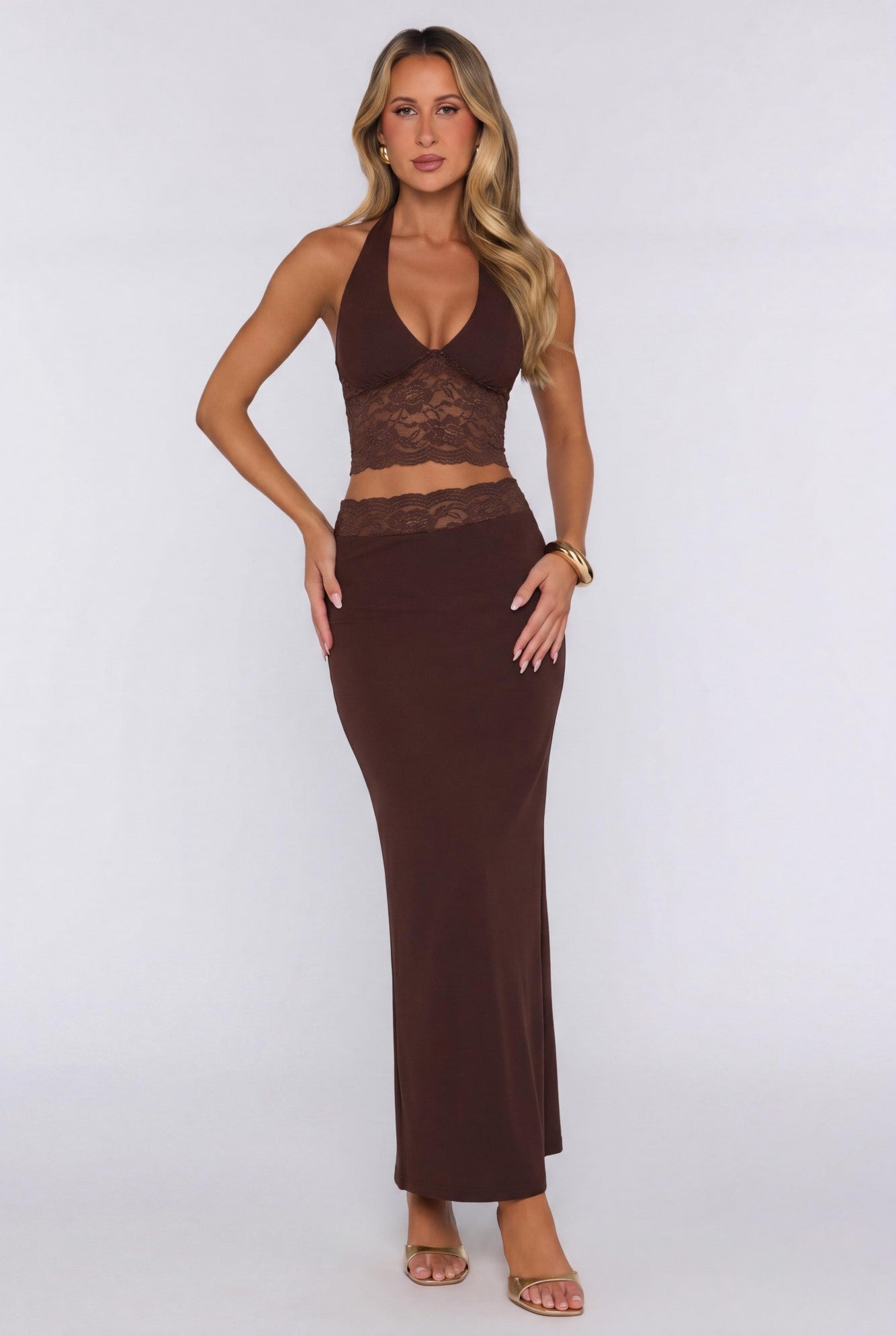 Style That Stays Lace Maxi Skirt Brown