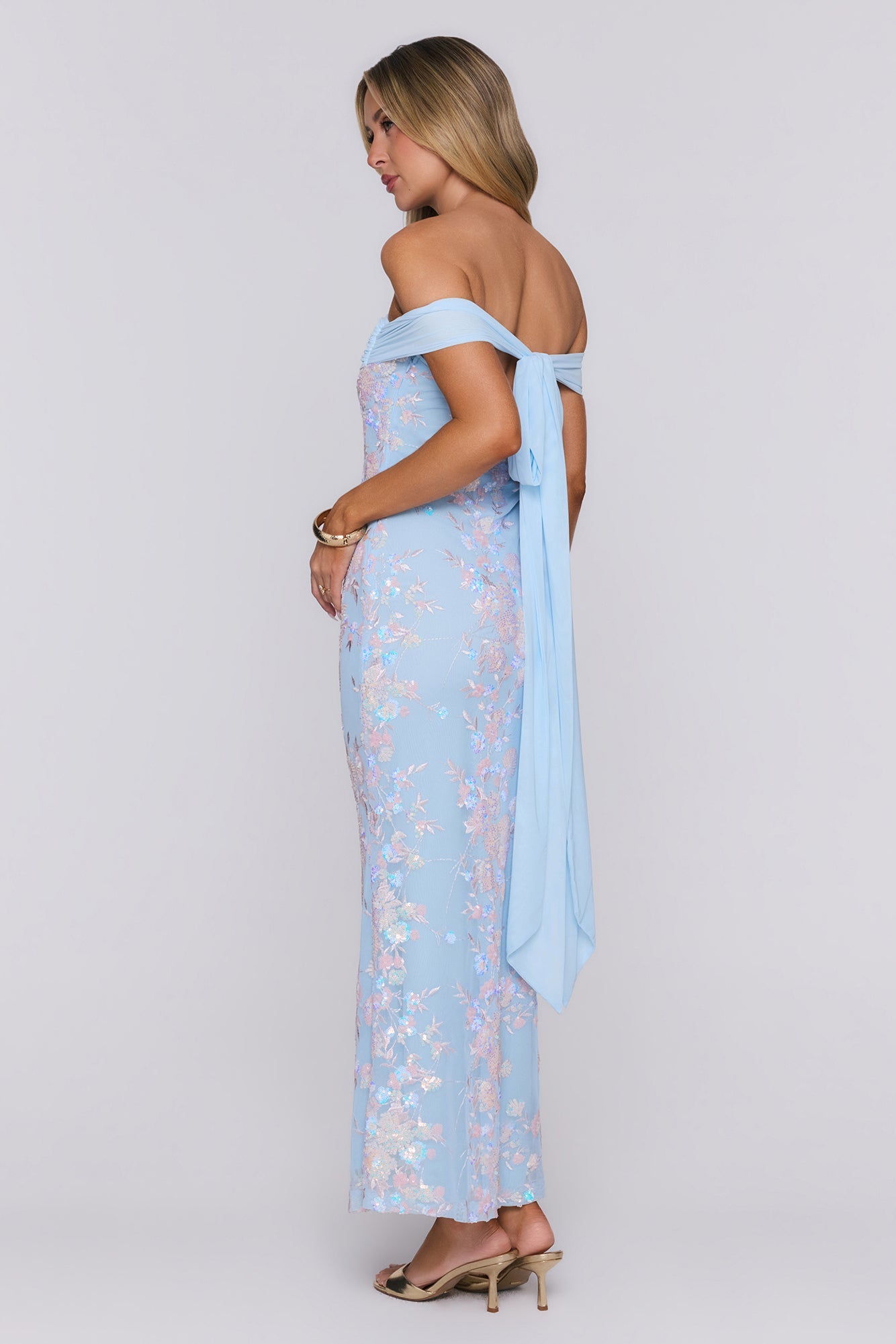 Whispered Waves Off Shoulder Sequin Mesh Maxi Dress Blue