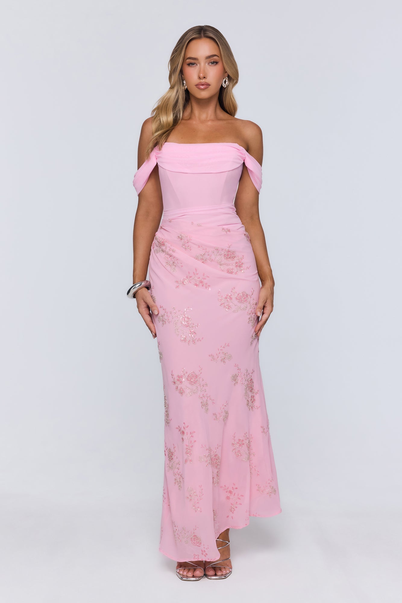 Pretty Glow Up Off Shoulder Maxi Dress Pink