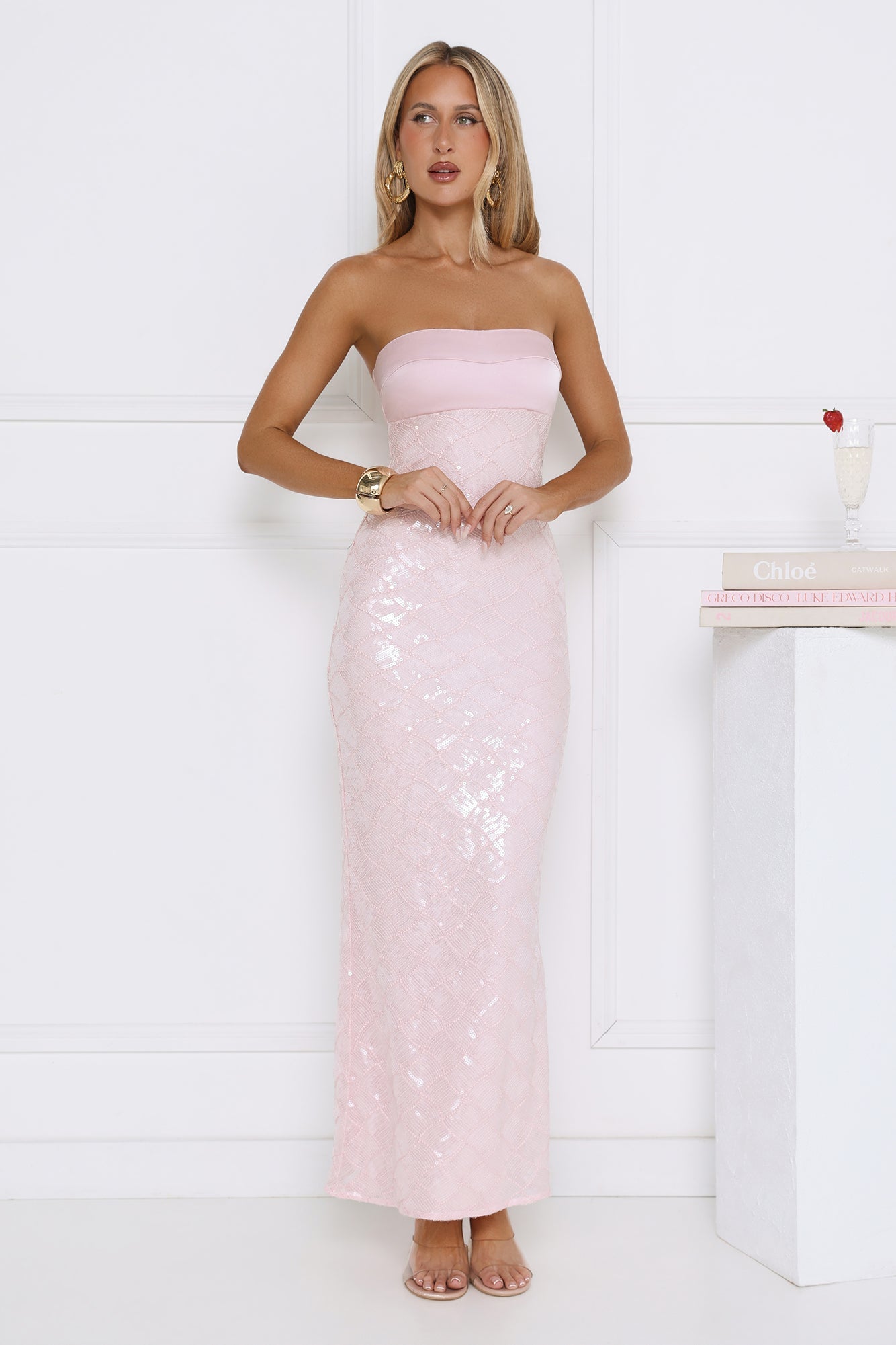 Saltwater Siren Strapless Sequin Maxi Dress Pink