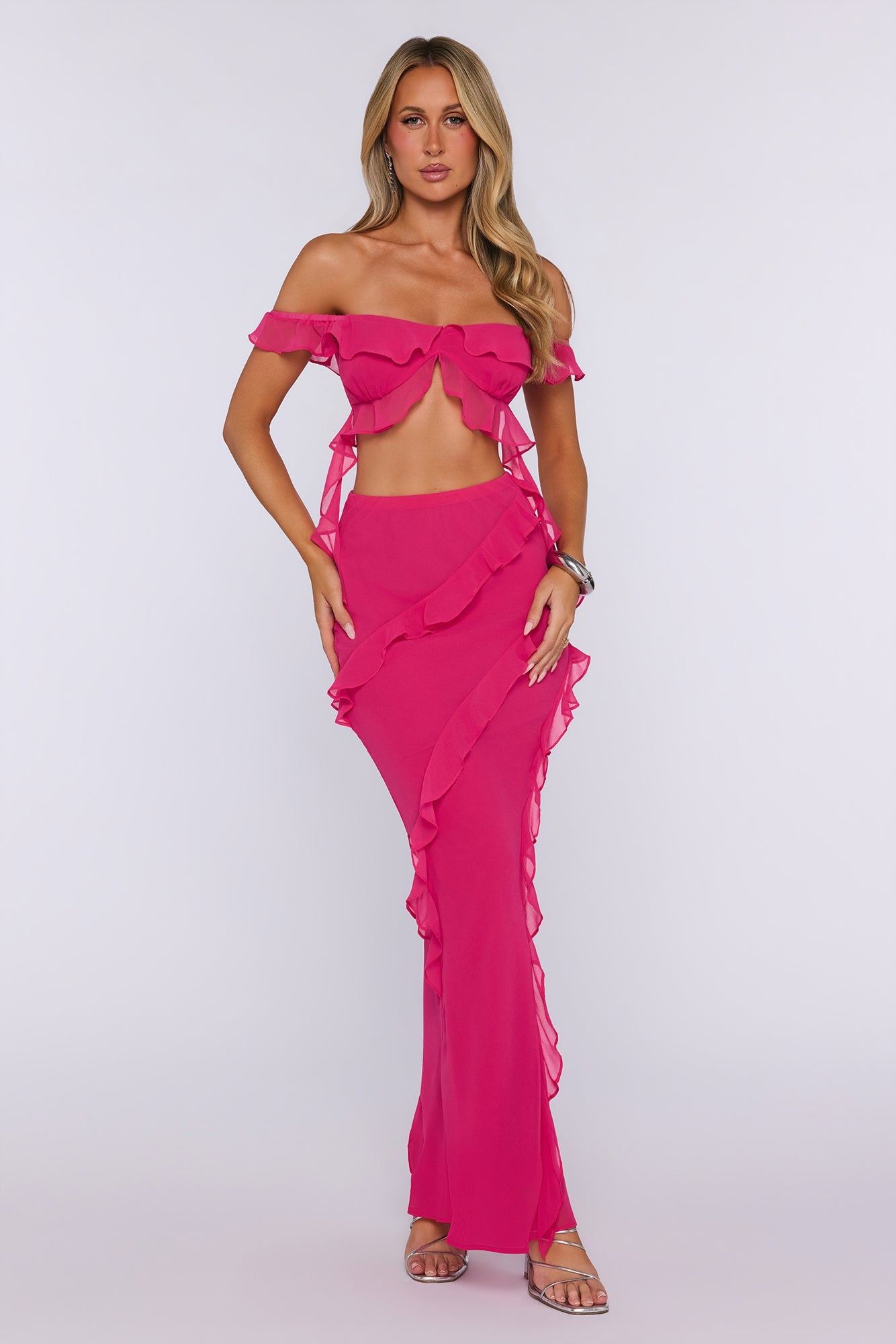 Summer Frills Off Shoulder Crop Top Hot Pink