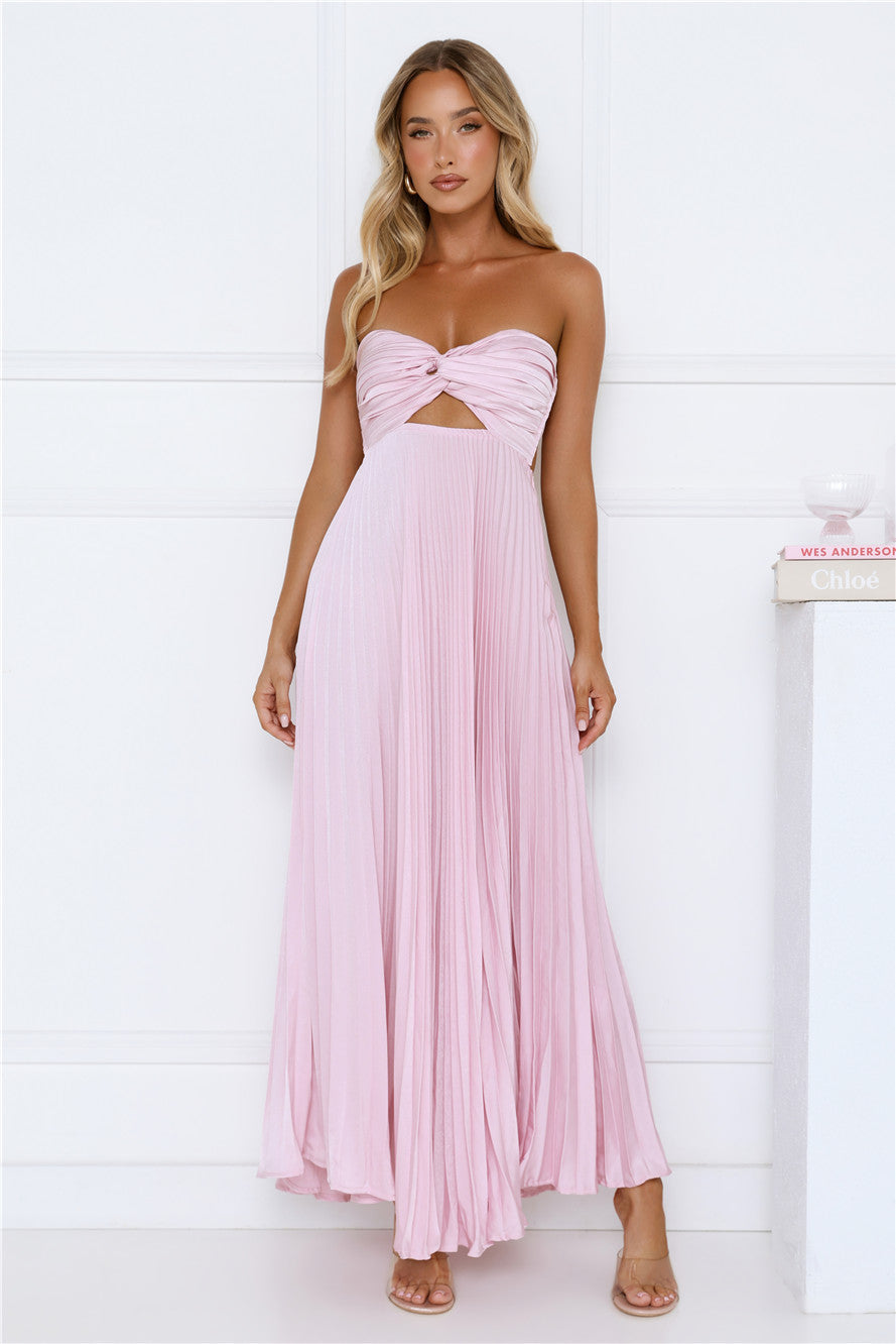 Secret Hues Strapless Pleated Satin Maxi Dress Blush