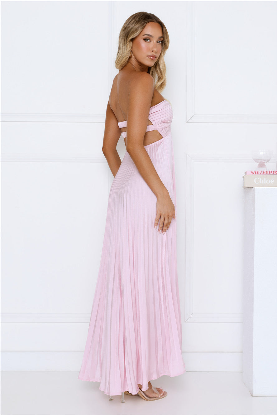 Secret Hues Strapless Pleated Satin Maxi Dress Blush